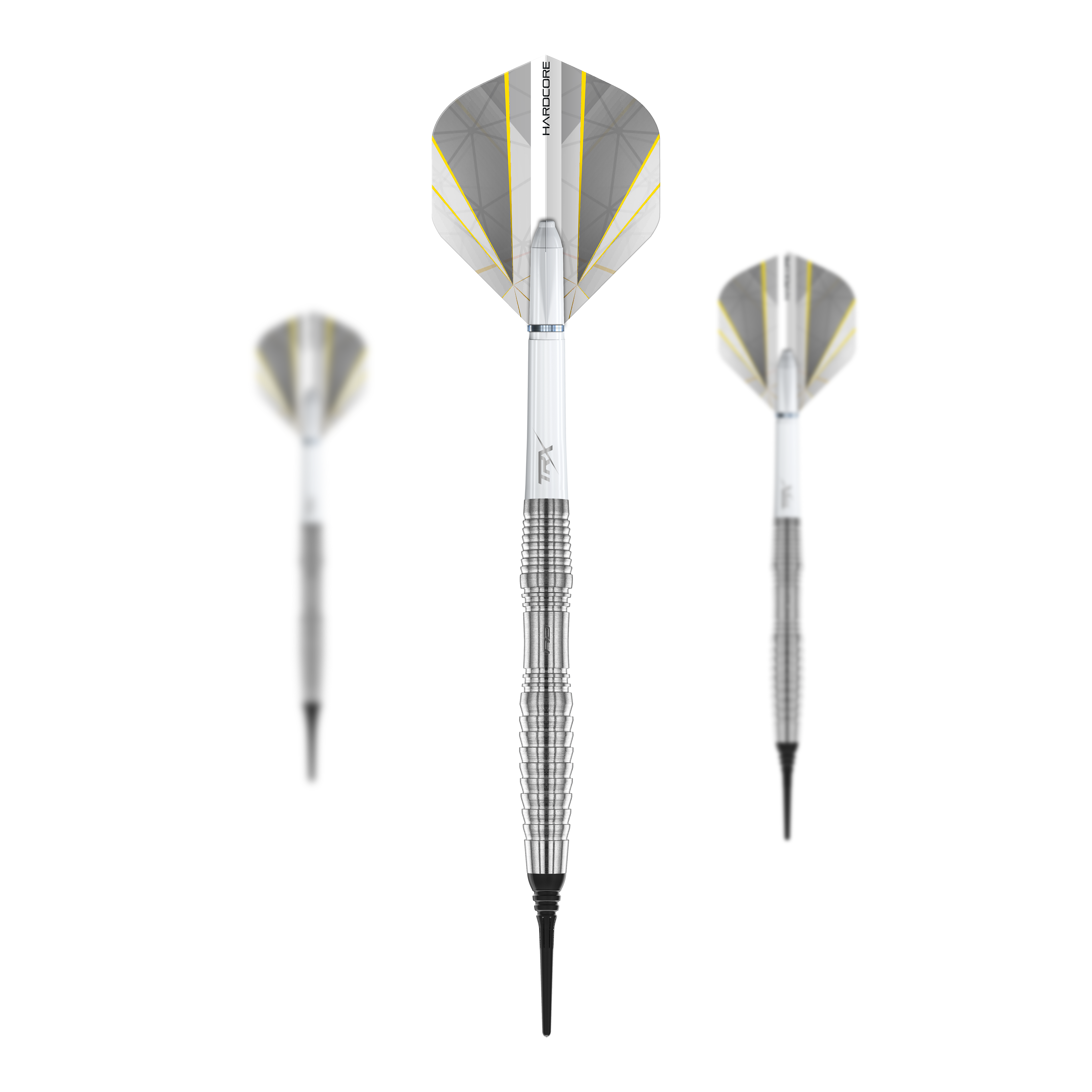 Red Dragon Seren 3 Pure Softdarts - 20 g Das Bild zeigt drei Softdarts des Modells "Red Dragon Seren 3 Pure" mit einem Gewicht von 20g. Die Darts sind silberfarben mit weißen und gelben Flights.