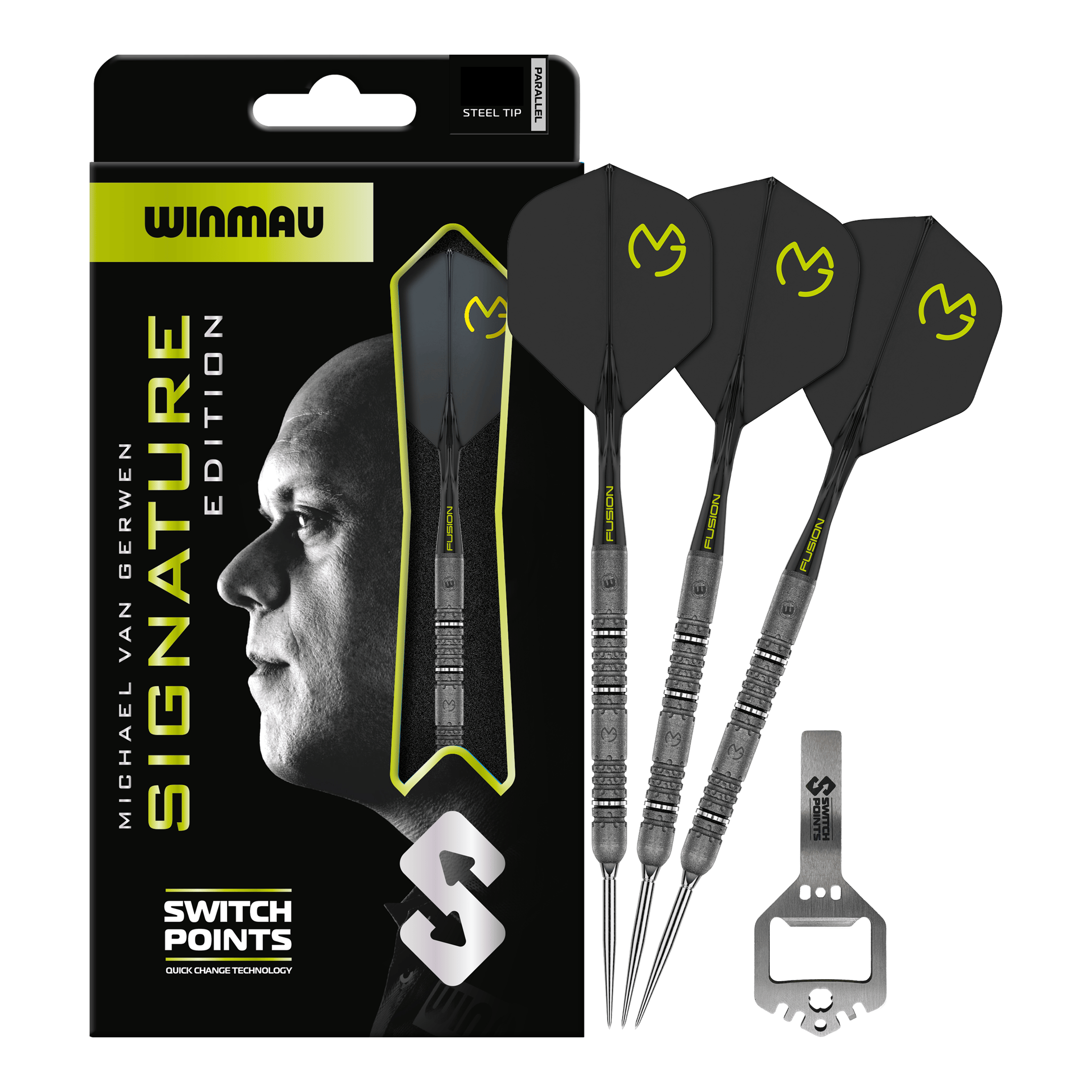 Winmau Michael van Gerwen Signature Edition Punti di cambio Steeldarts Das Bild zeigt die Winmau MvG Signature Edition Switch Points Steeldarts. Es handelt sich um hochwertige Steeldarts speziell für Profis und Sammler.