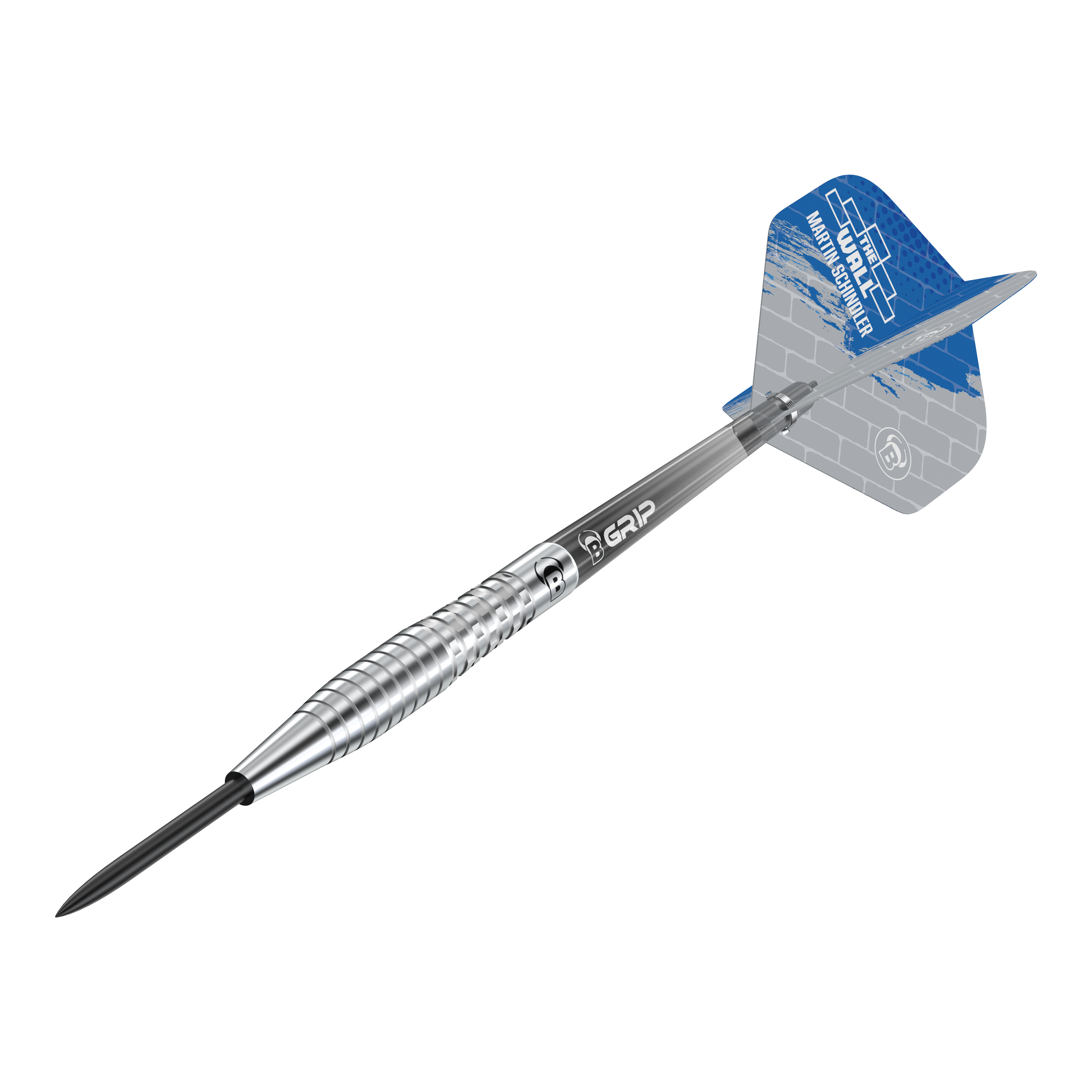 Bulls Martin Schindler Original Generation 2 freccette in acciaio Das Bild zeigt einen Bulls Martin Schindler Original Generation 2 Steeldartpfeil. Der Dartpfeil hat einen silbernen, geriffelten Schaft und ein blau-graues Flight mit Aufdruck.