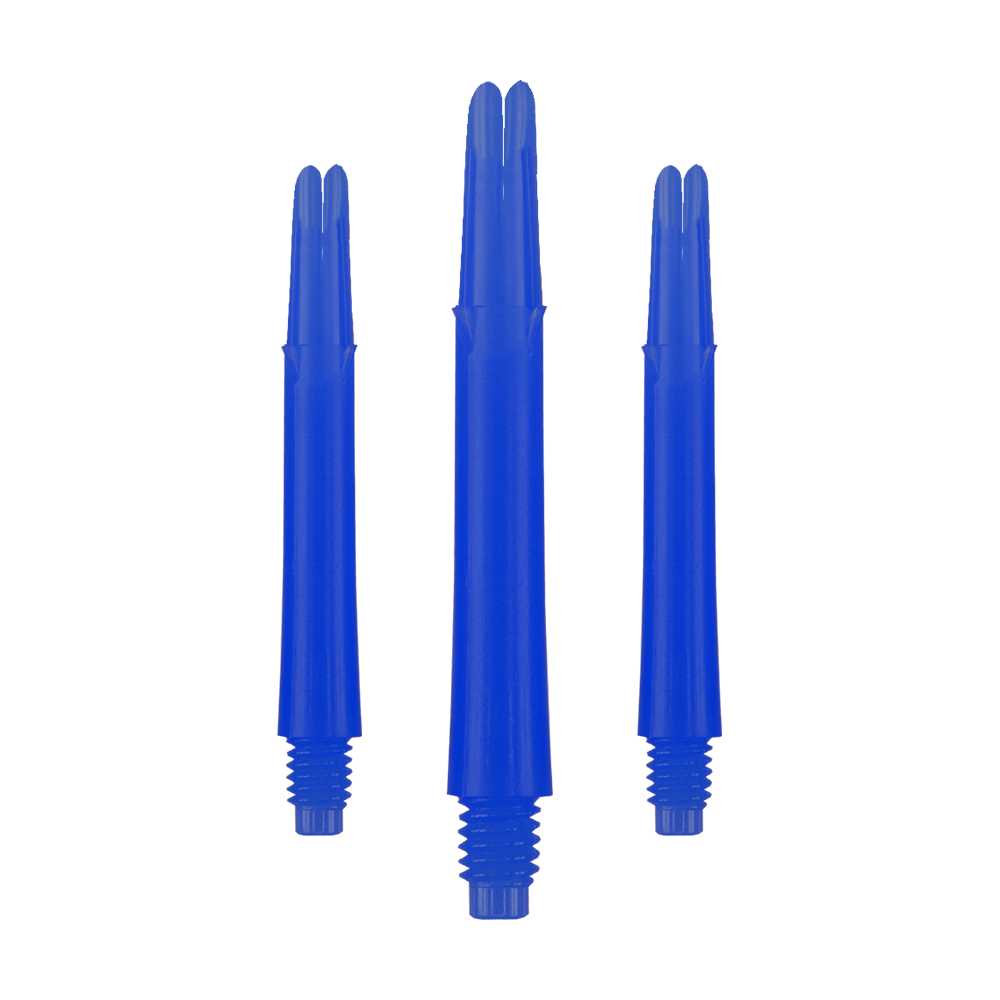 Alberi a L bloccati dritti - Blu Auf dem Bild sind drei blaue, gerade Dartschäfte zu sehen. Sie haben ein Schraubgewinde am unteren Ende und sind in einer Reihe angeordnet.