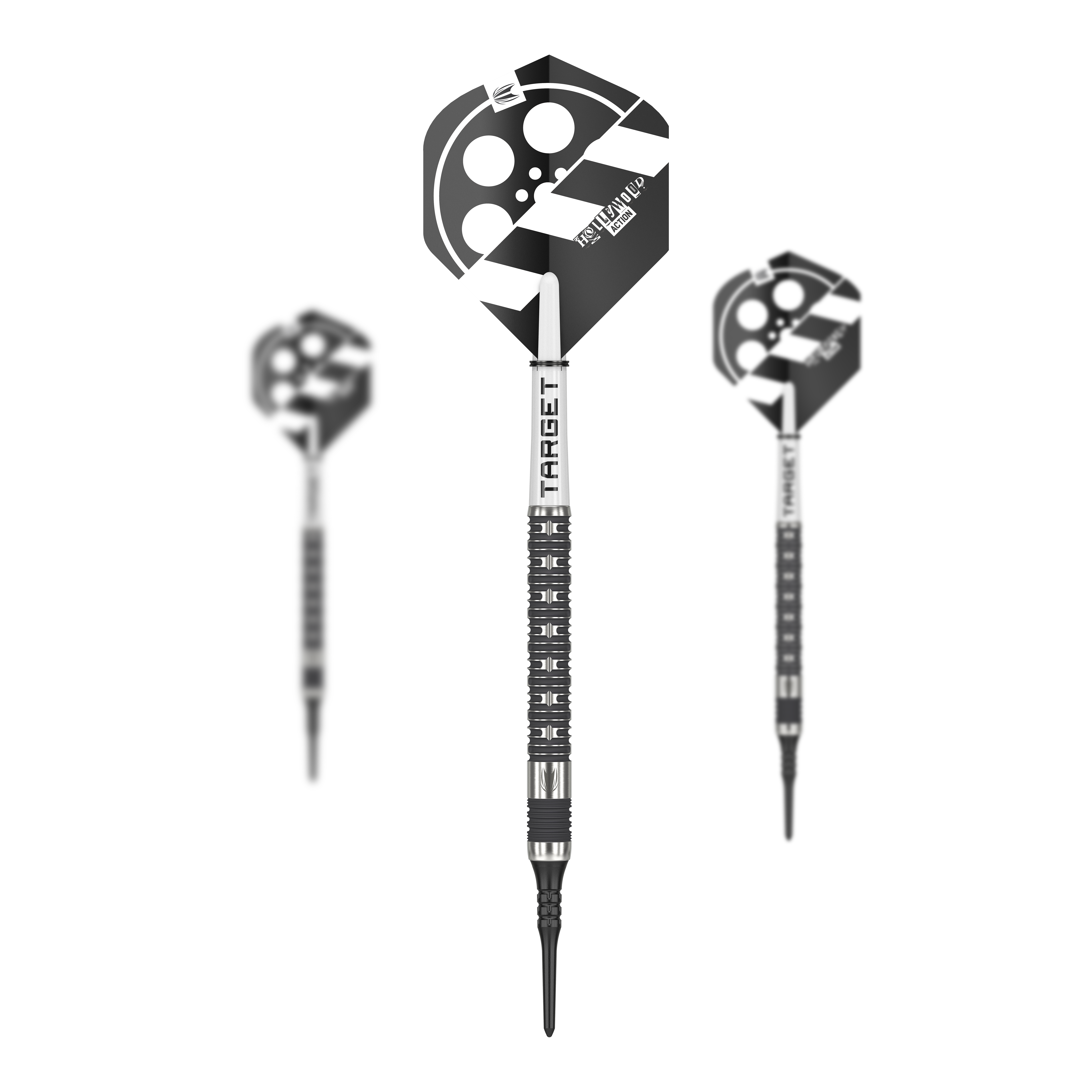 Freccette morbide Target Chris Dobey Hollywood Action - 20 g Das Bild zeigt drei Softdarts des Produkts "Target Chris Dobey Hollywood Action Softdarts - 20g". Die Flights der Darts sind mit einem schwarz-weißen Hollywood-Design verziert.