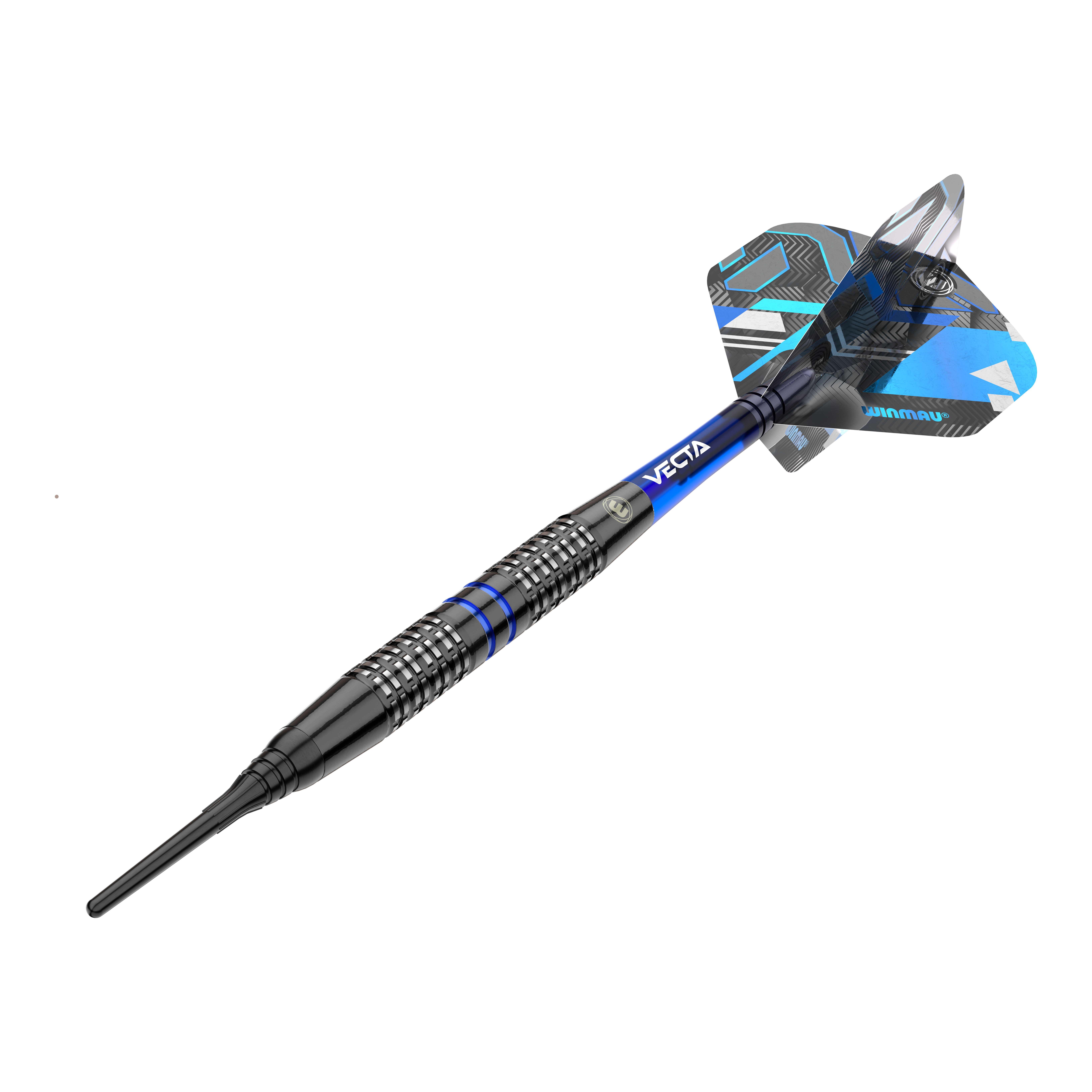 Freccette morbide Winmau Galactics - 20 g Das Bild zeigt einen Winmau Galactics Softdart mit einem Gewicht von 20 Gramm. Der Dart ist überwiegend schwarz mit blauen Akzenten und verfügt über ein modernes Design.