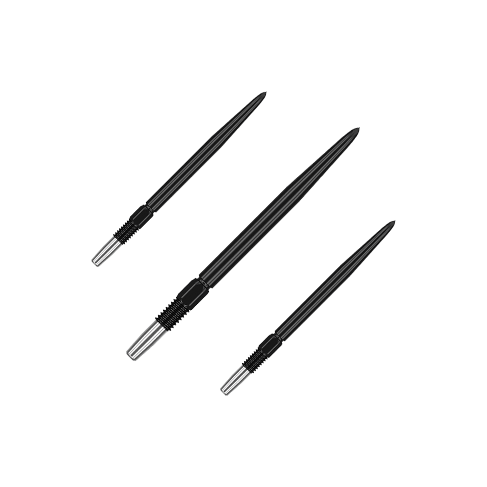Punte per freccette Target Swiss Point Black Schwarze Dartspitzen mit matter Fläche werden als Set präsentiert. Mehrere Spitzen sind nebeneinander gruppiert.