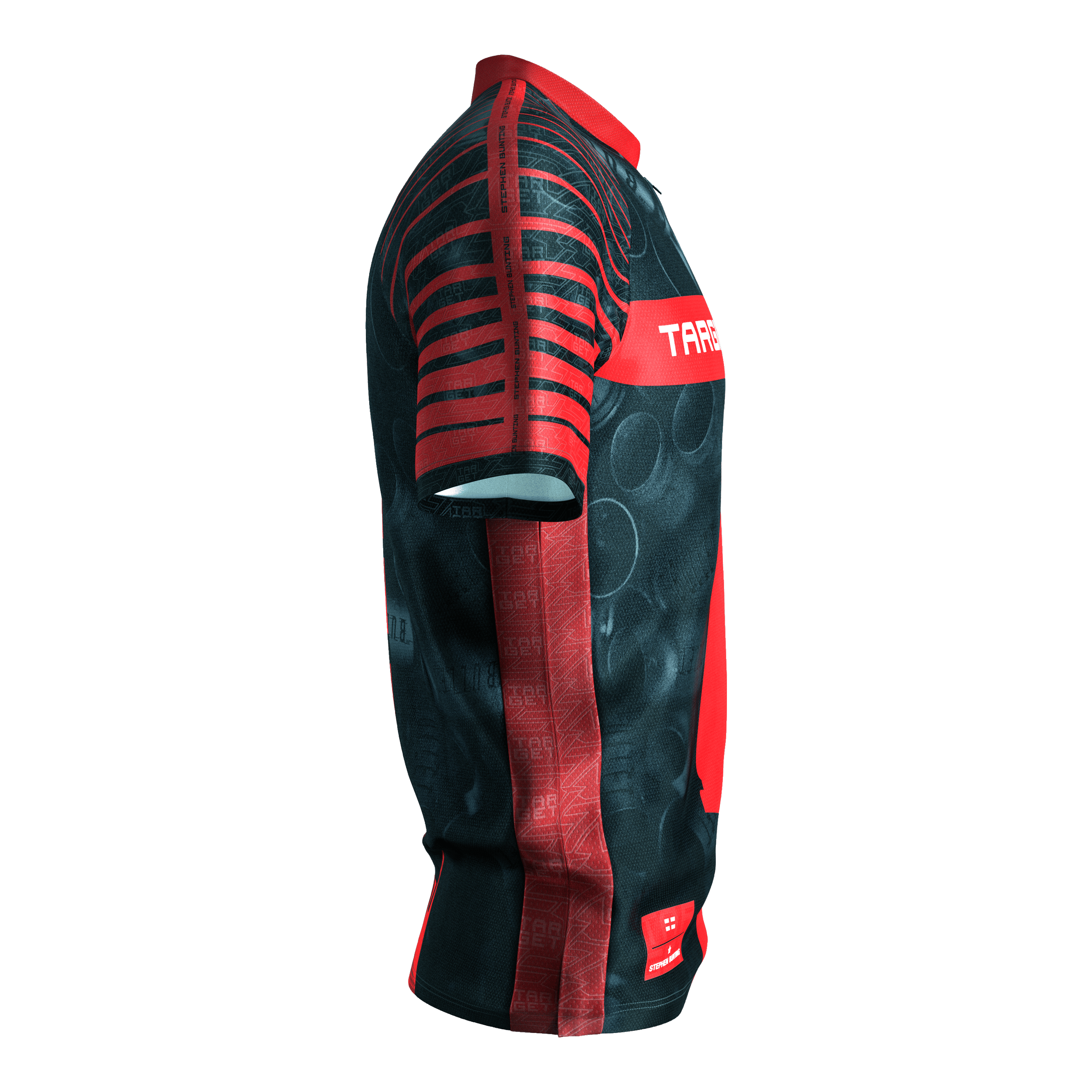 Maglietta da freccette Target Coolplay Stephen Bunting 2025 Das Bild zeigt das "Target Coolplay Stephen Bunting 2025 Dartshirt" aus seitlicher Perspektive. Das Shirt ist überwiegend schwarz mit auffälligen roten Streifen und Mustern.