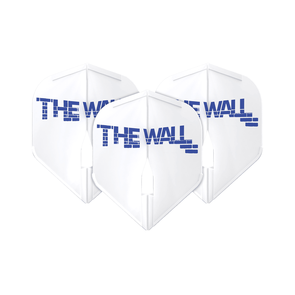 Voli L-Style Martin Schindler White L1PRO Das Bild zeigt drei weiße Dartflights mit der Aufschrift "THE WALL" in blauer Schrift. Die Flights sind das Modell "L-Style Martin Schindler Weiß L1PRO".