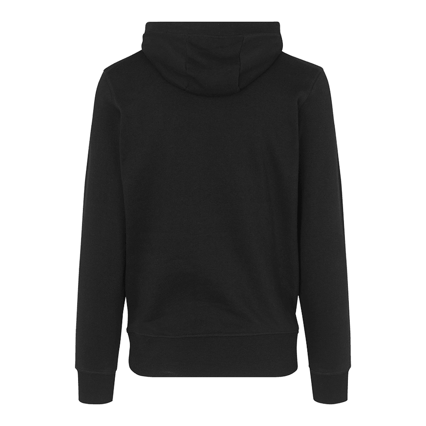 Felpa con cappuccio Barili e Alberi - Nera Auf dem Bild ist ein schwarzer Hoodie von hinten zu sehen. Der Hoodie hat eine Kapuze und lange Ärmel.