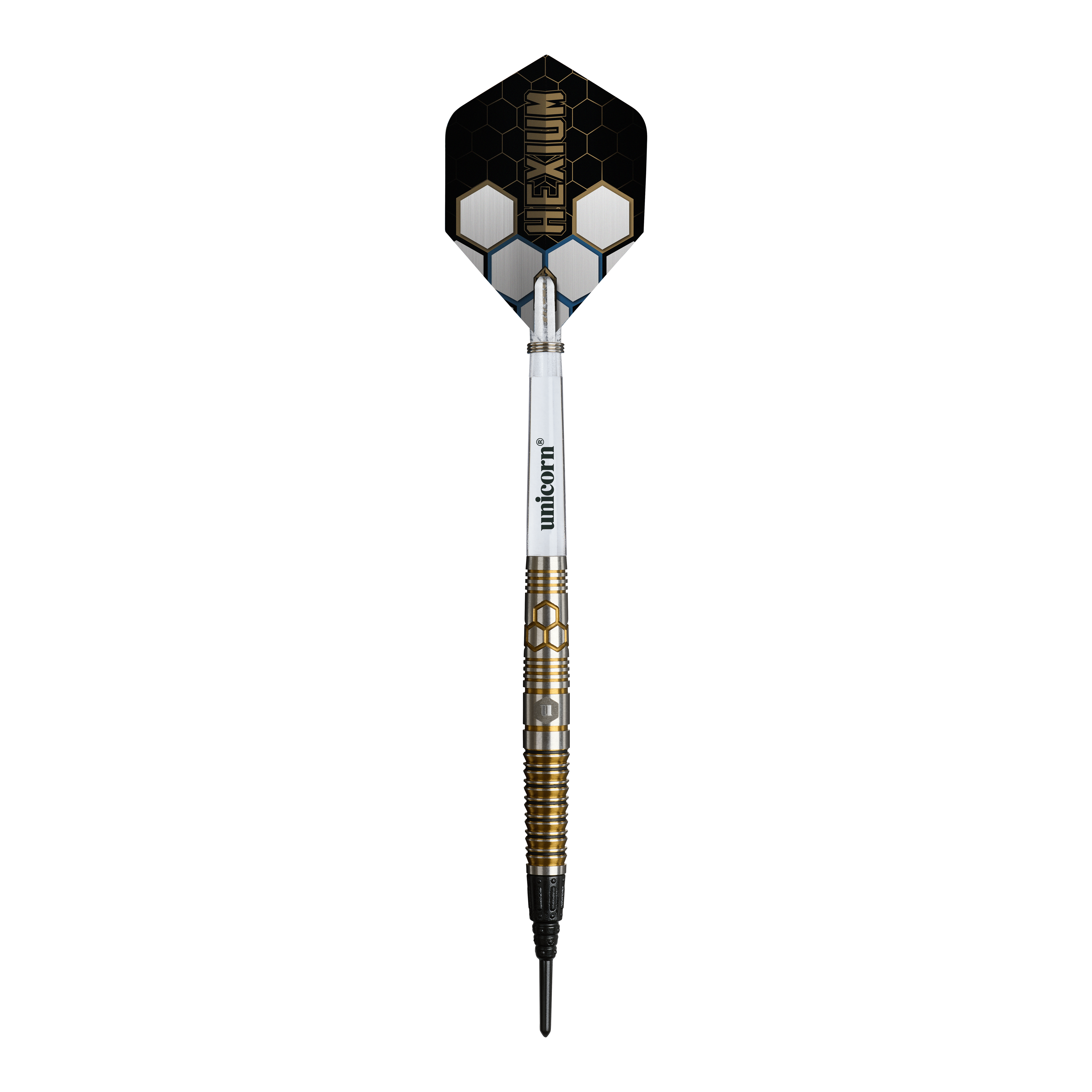 Freccette morbide Unicorn Hexium Style 03 Oro e Nero - 23 g Das Bild zeigt die Unicorn Hexium Style 03 Gold & Black Softdarts mit 23g Gewicht. Die Darts sind in den Farben Gold und Schwarz gestaltet.