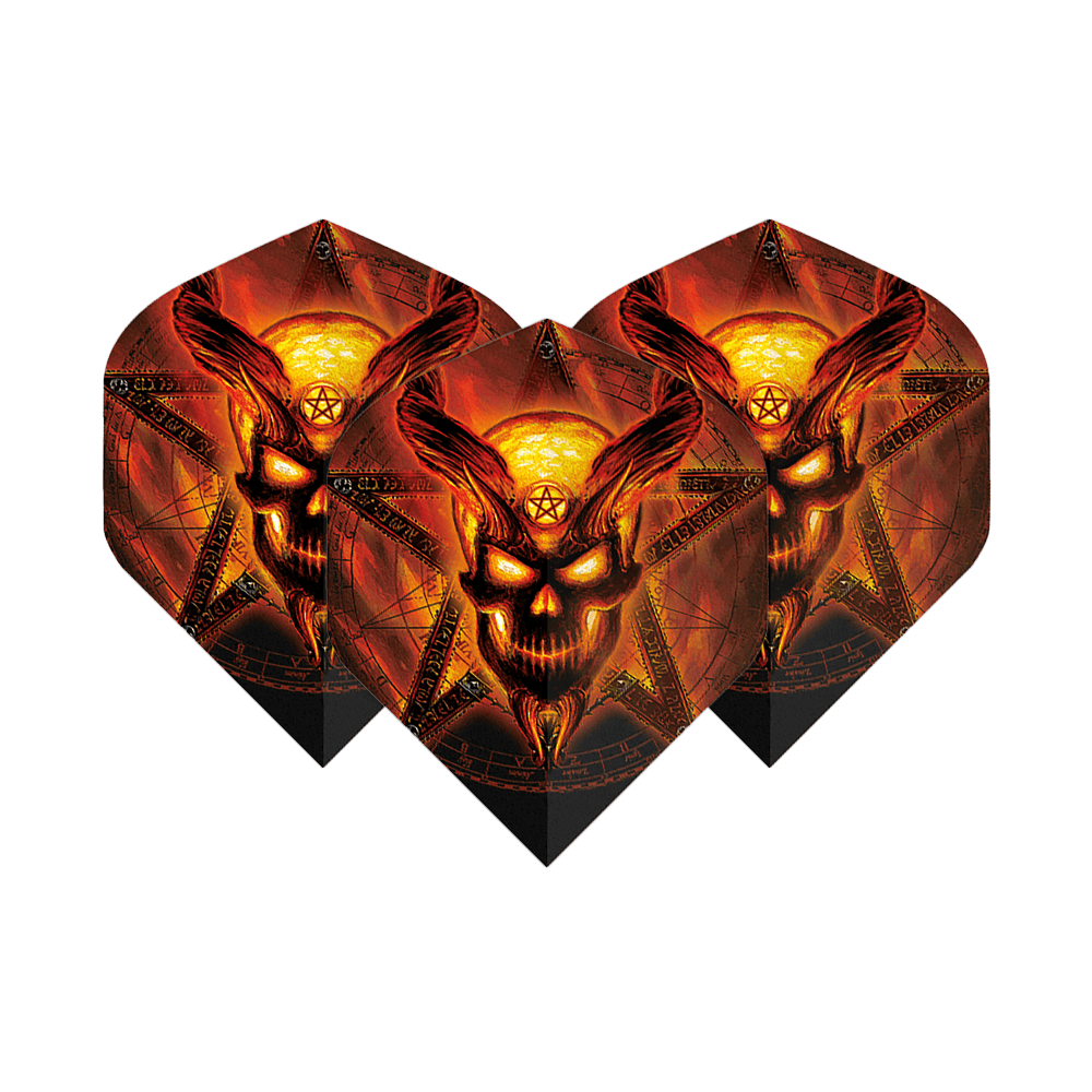 Voli standard n. 2 del Tempio in fiamme dell'alchimia Die Abbildung zeigt drei Dart-Flights mit einem brennenden, dämonischen Totenkopf-Design vor einem Pentagramm. Die Farben sind hauptsächlich feuriges Rot und Gelb, was dem Produkt ein auffälliges und dramatisches Aussehen verleiht.