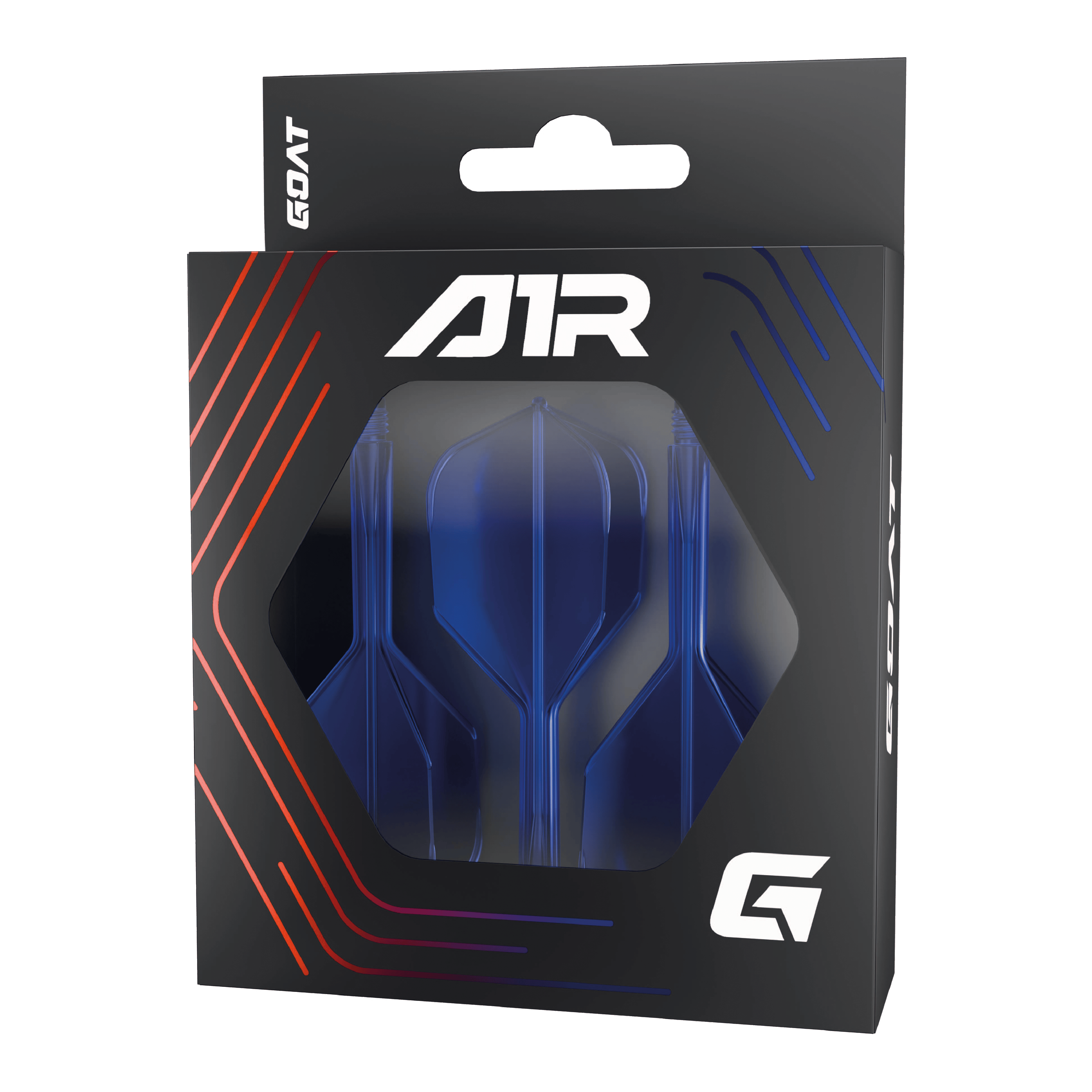 Sistema di alberi di volo GOAT A1R No6 - Blu Die Abbildung zeigt das Produkt "GOAT A1R No6 Flight-Shaft-System - Blau" in seiner Verpackung. Im Inneren sind blaue Dart-Flights und -Schäfte sichtbar.