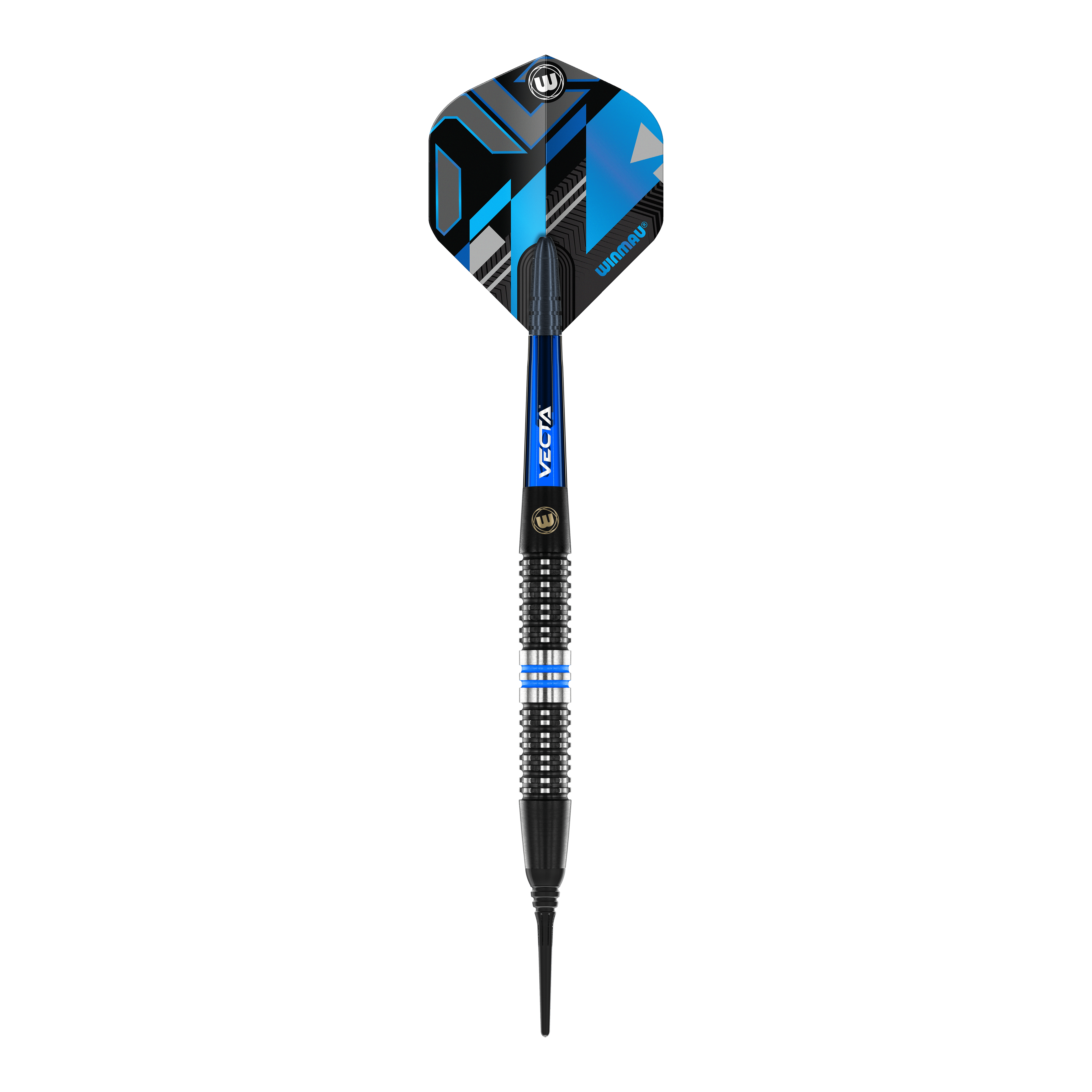 Freccette morbide Winmau Galactics - 20 g Das Bild zeigt einen Winmau Galactics Softdart mit einem Gewicht von 20 Gramm. Der Dart hat schwarze, blaue und silberne Akzente sowie eine moderne, geometrische Flight-Gestaltung.