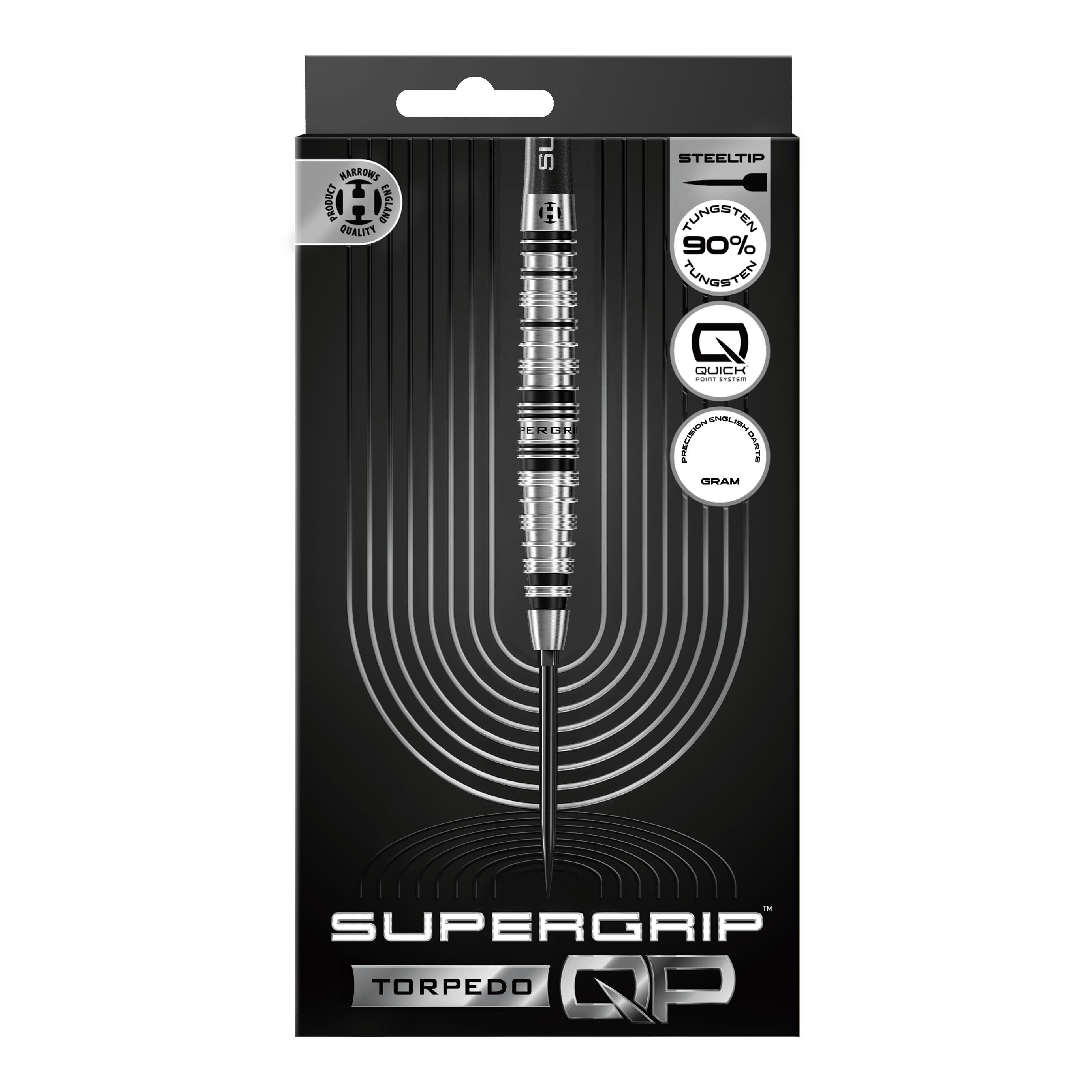 Freccette in acciaio Harrows Supergrip Torpedo Quick Point Hier werden die Harrows Supergrip Torpedo Quick Point Steeldarts dargestellt. Diese Darts sind robust und für hohe Performance beim Spielen geeignet.
