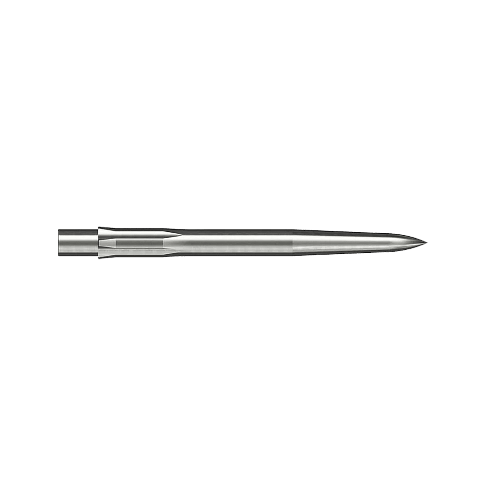 Punte per freccette in acciaio Caliburn System - Lisce - Argento Auf dem Bild ist eine glatte, silberne Stahlspitze für ein Dart zu sehen. Sie ist lang und schmal und misst 28 mm.