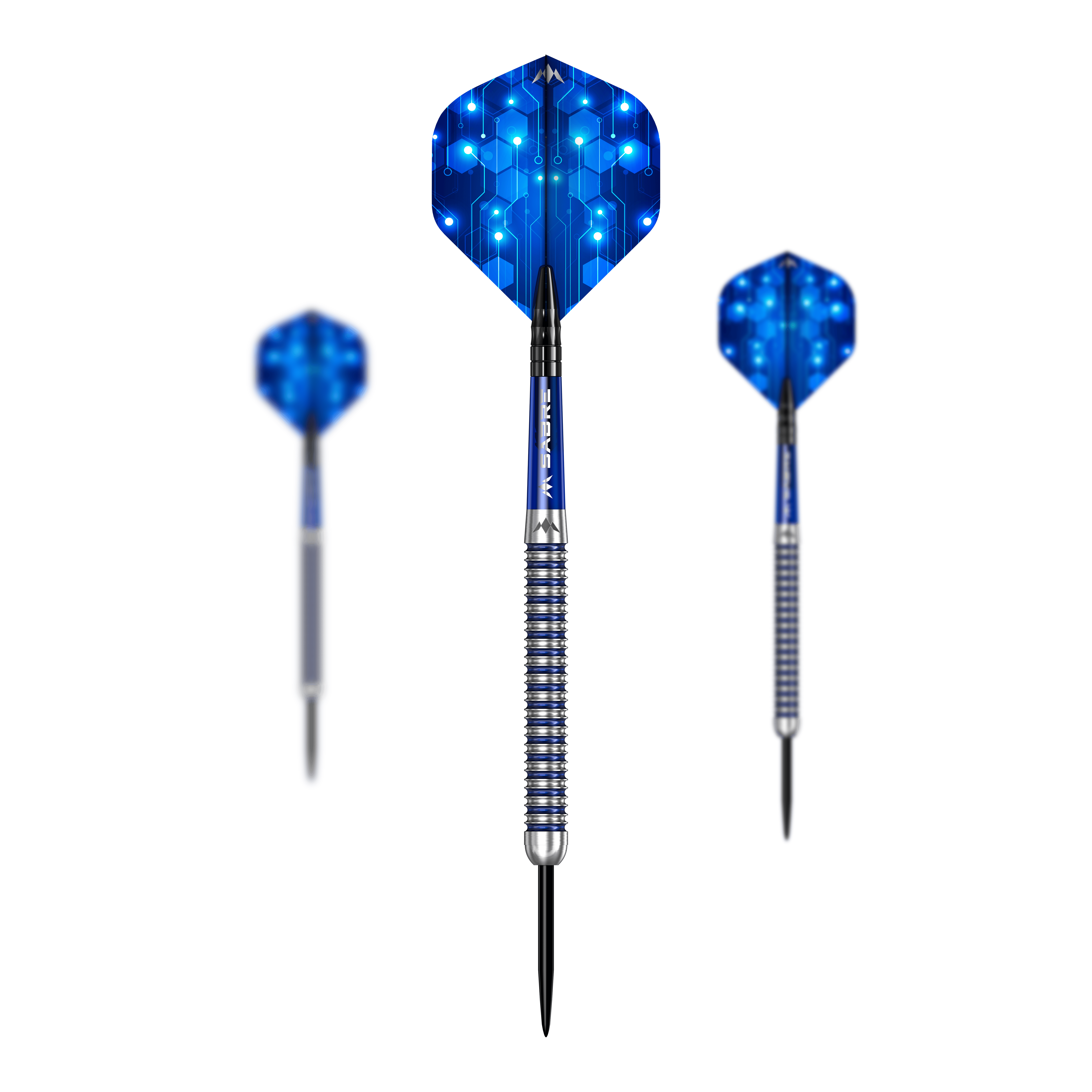 Hier ist das Set Mission ION Blue Silver Steeldarts dargestellt. Es handelt sich um hochwertige Steeldarts in Blau und Silber.