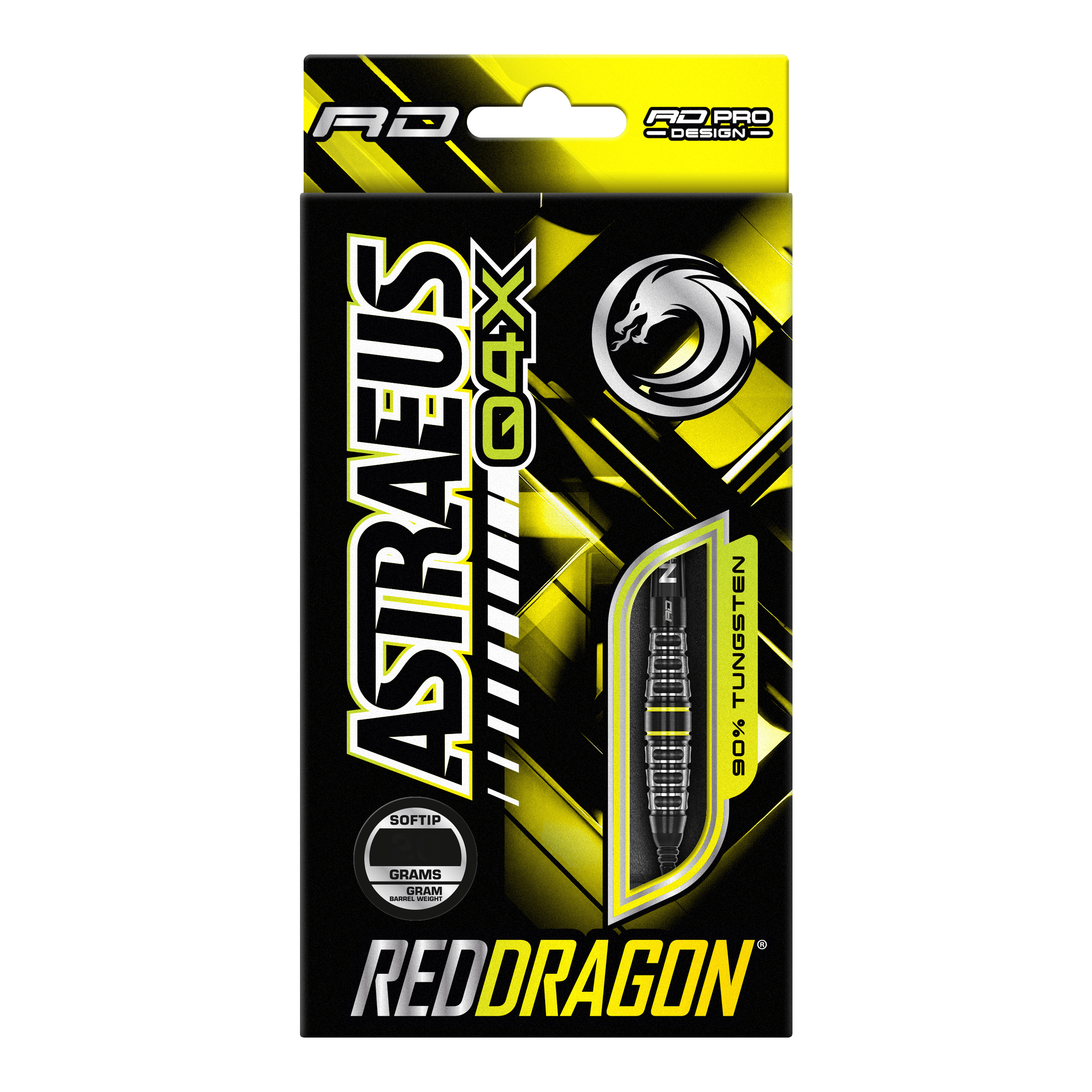 Freccette morbide Red Dragon Astraeus Q4X Torpedo - 20 g Die Verpackung zeigt die "Red Dragon Astraeus Q4X Torpedo Softdarts" mit einem Gewicht von 20g. Das Design ist in Schwarz und Gelb gehalten und hebt hervor, dass die Darts aus 90% Tungsten bestehen.