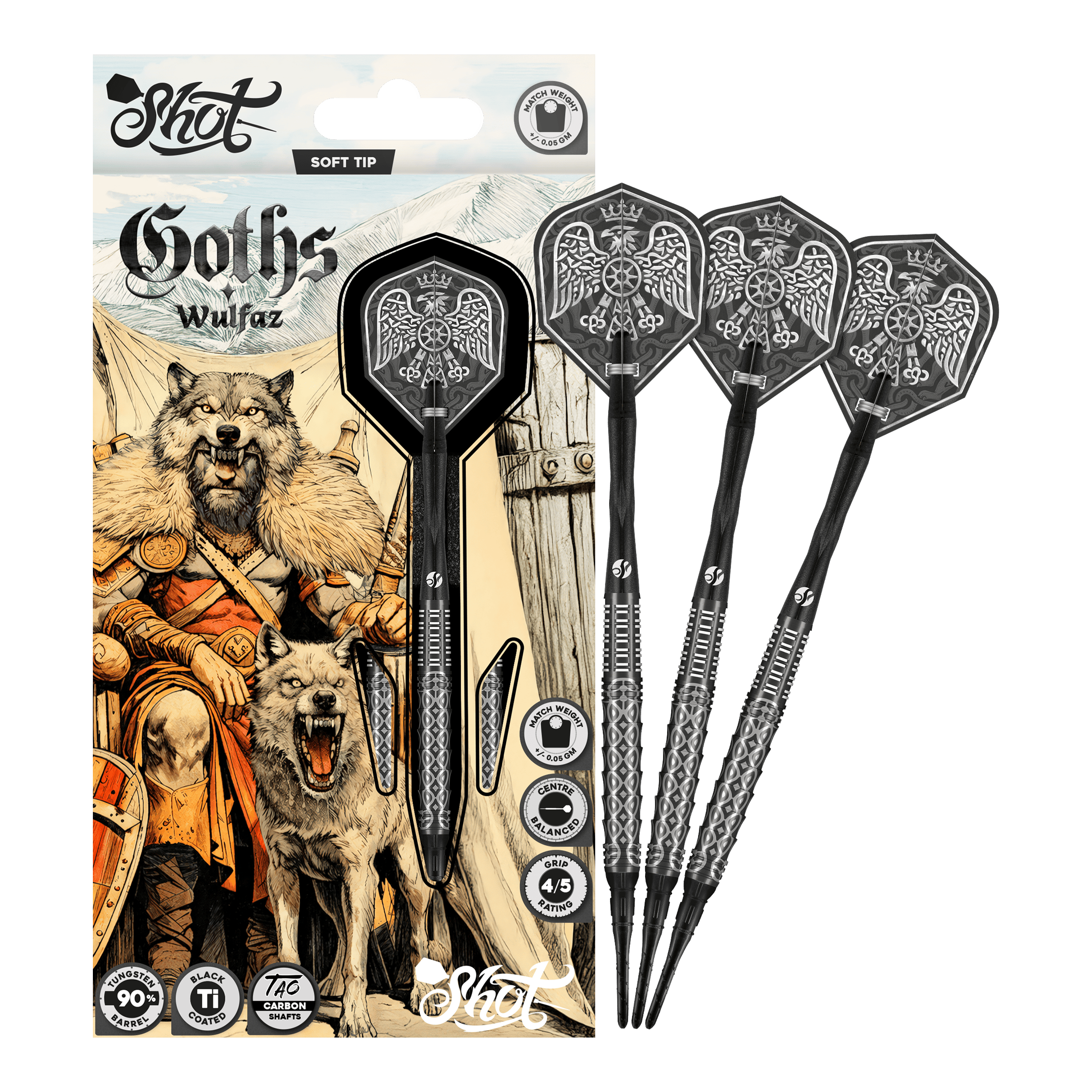 Freccette morbide Shot Goths Wulfaz - 20 g Abgebildet sind die Shot Goths Wulfaz Softdarts - 20g in einer Gesamtansicht. Sie sind perfekt für Softdartspieler geeignet.