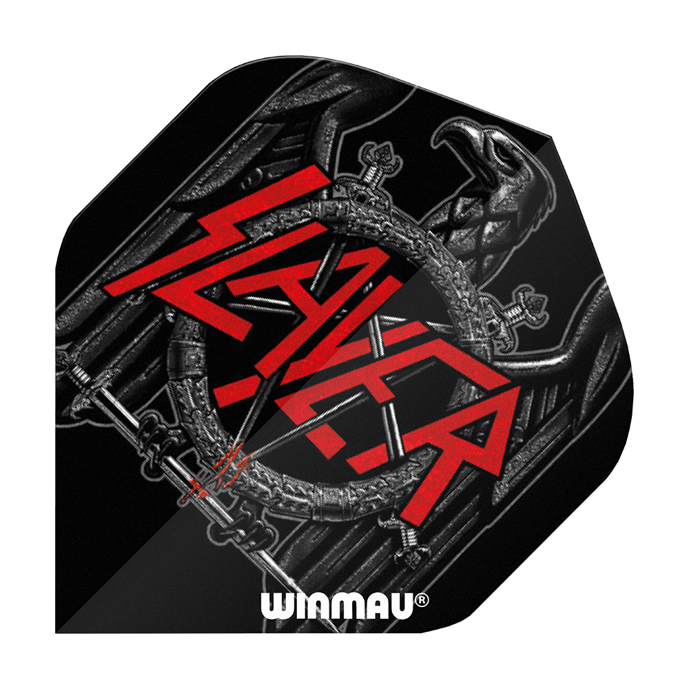 6905-221_Winmau_Rockstar_Legends_Slayer_Black_Eagle_Standard_Flights_1 Das Bild zeigt ein schwarzes Dartflight mit einem stilisierten Adler und dem roten Schriftzug "Slayer" in der Mitte. Unten ist das Logo "Winmau" abgebildet.