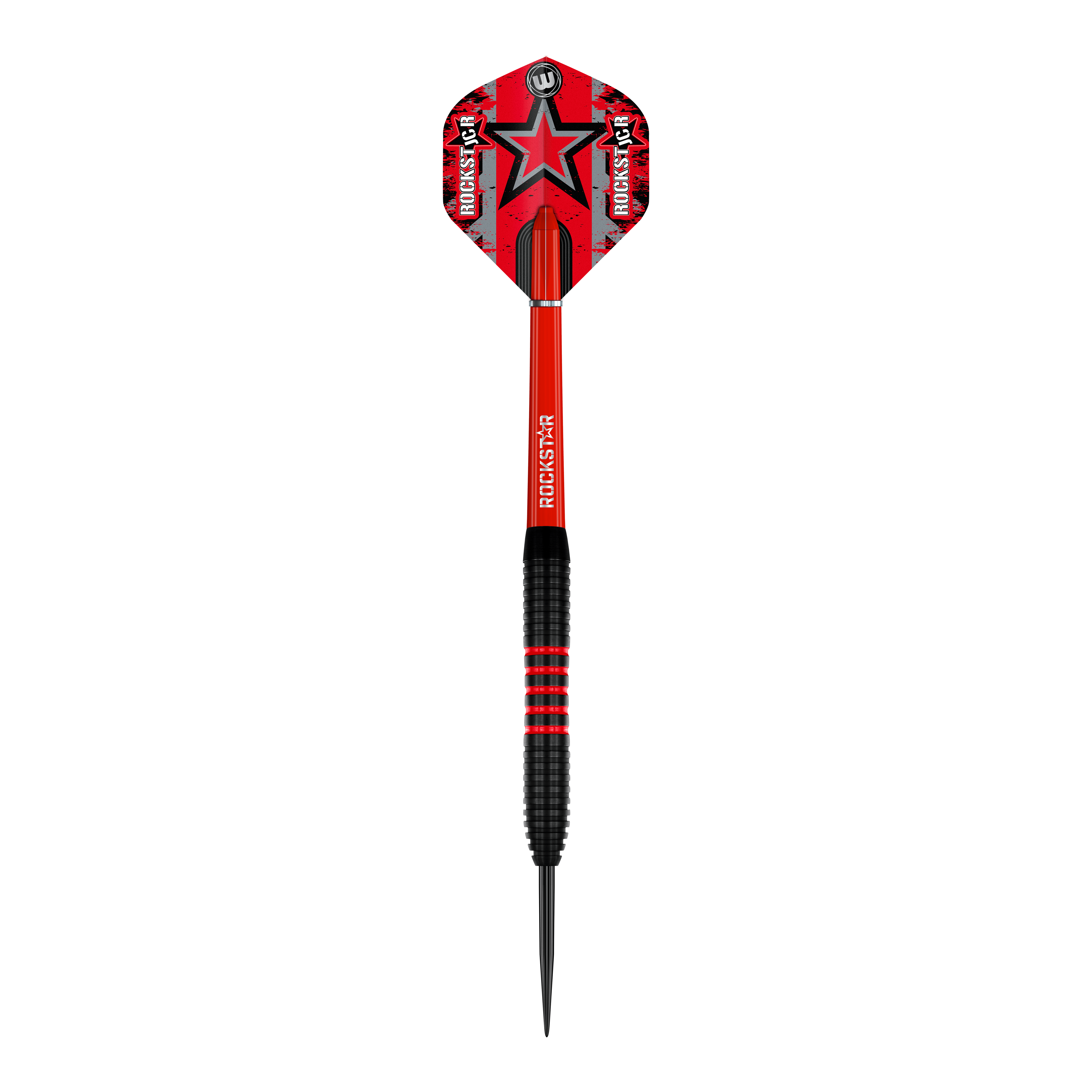 Freccette in acciaio Winmau Joe Cullen in ottone - 20 g Das Bild zeigt einen Winmau Joe Cullen Brass Steeldart mit einem Gewicht von 20g. Der Dart ist überwiegend rot und schwarz gestaltet und trägt die Aufschrift "Rockstar" auf dem Schaft und dem Flight.
