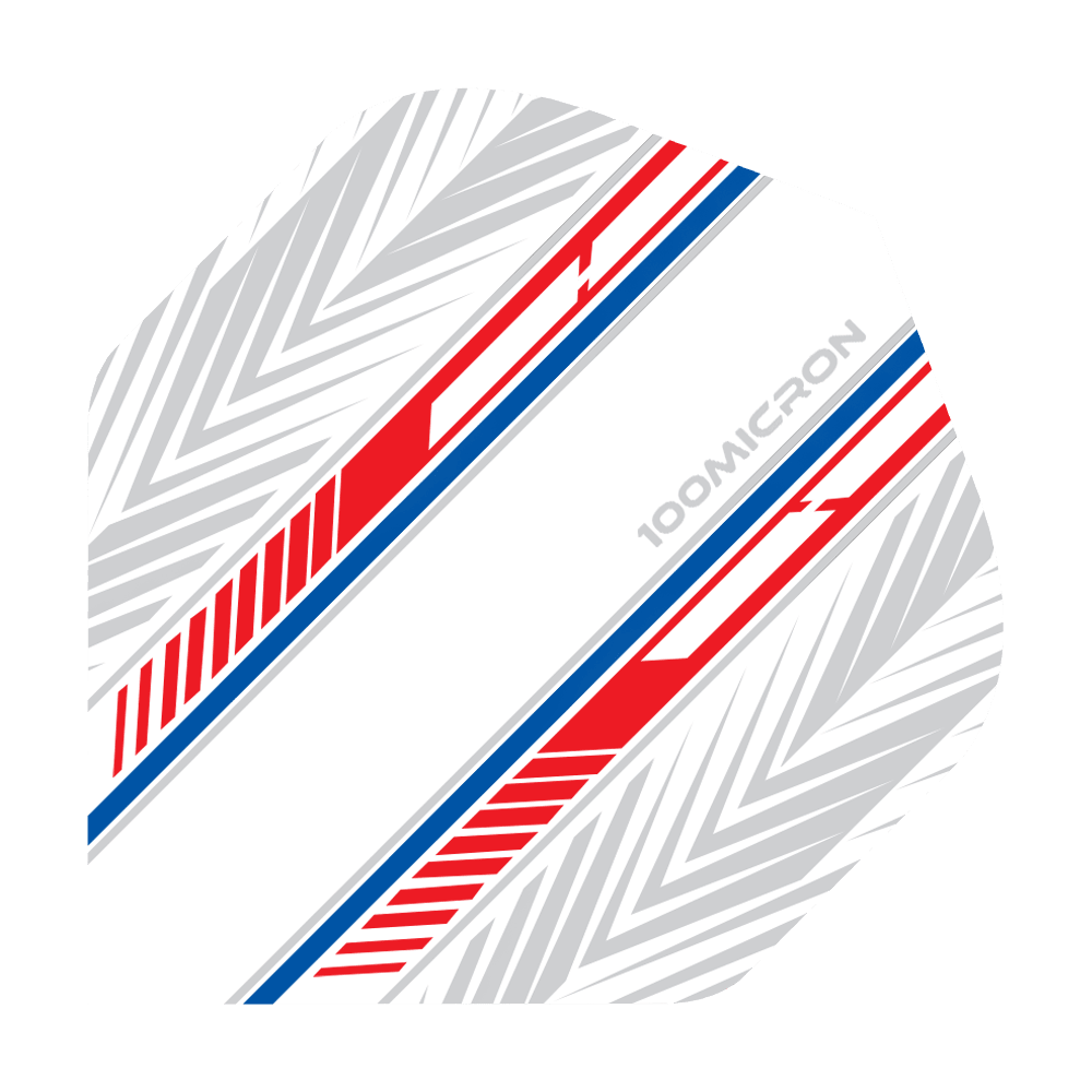 Voli Pentathlon bianchi/rossi/blu Das Bild zeigt ein Dartflight in Weiß mit roten und blauen Streifen. Auf dem Flight steht „100 Micron“ und es hat ein geometrisches Muster im Hintergrund.