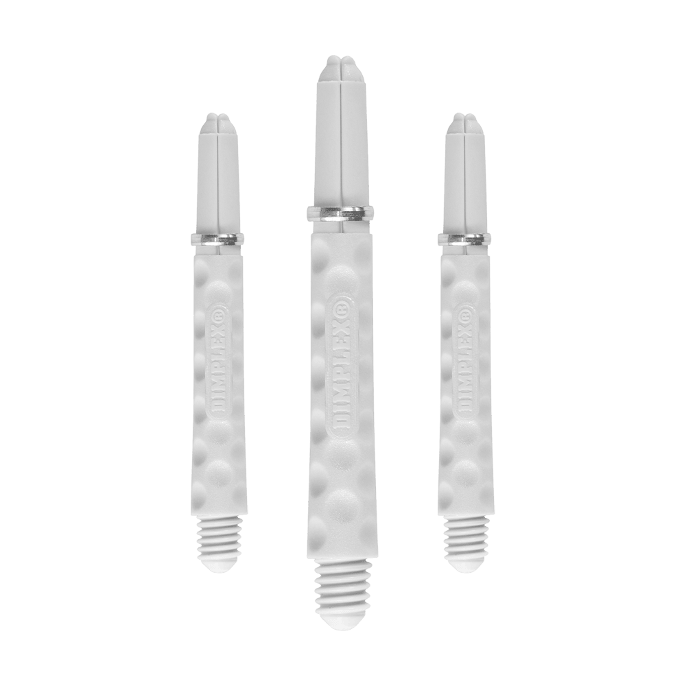 Harrows Dimplex Shafts - Weiß Auf dem Bild sind drei weiße Dart-Schäfte mit dimplex Struktur zu sehen. Sie stehen nebeneinander, wobei der mittlere Schaft etwas länger ist als die beiden äußeren.