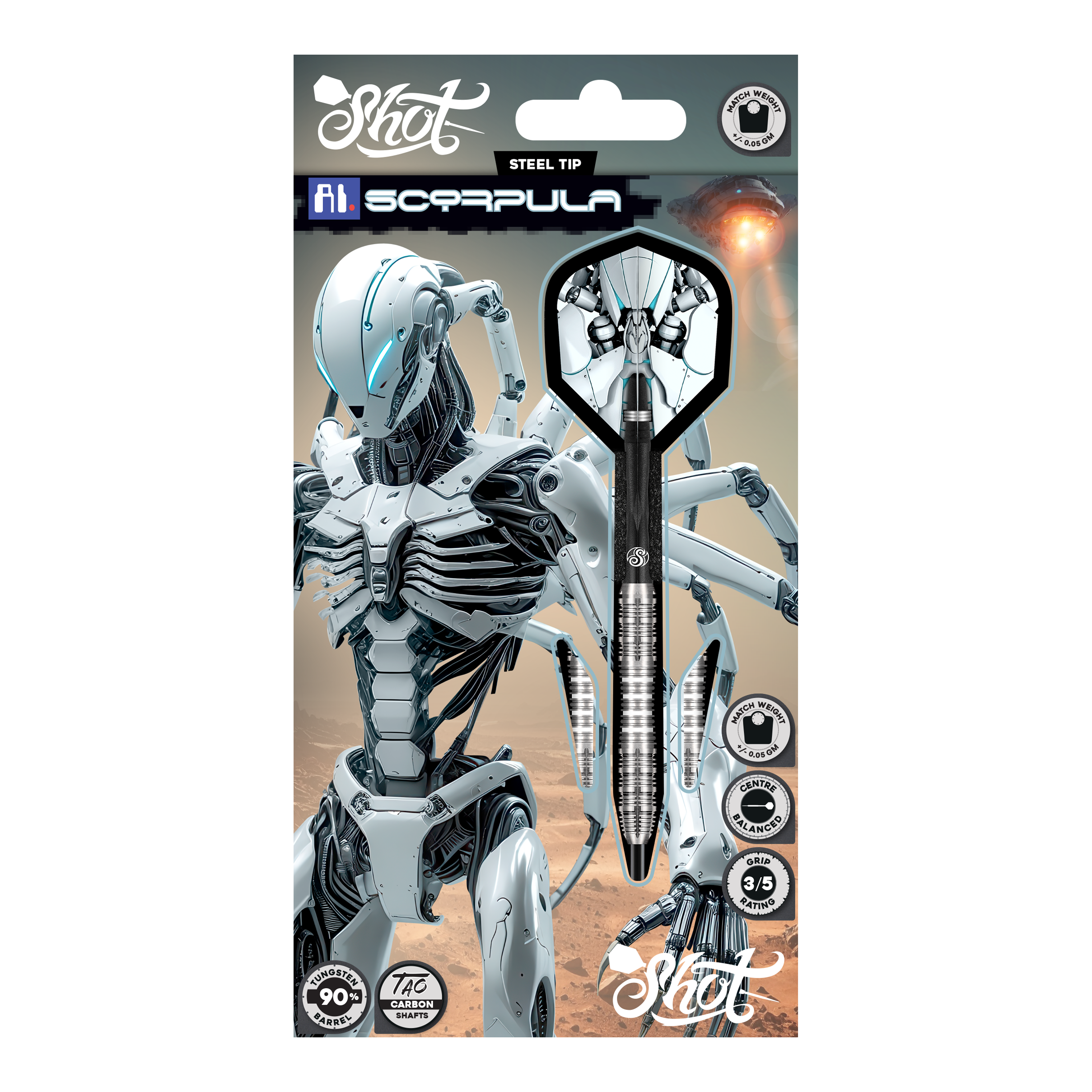 Tiro AI Scorpula Steeldarts Das Bild zeigt die Shot AI Scorpula Steeldarts. Die Darts haben ein modernes und auffälliges Design.