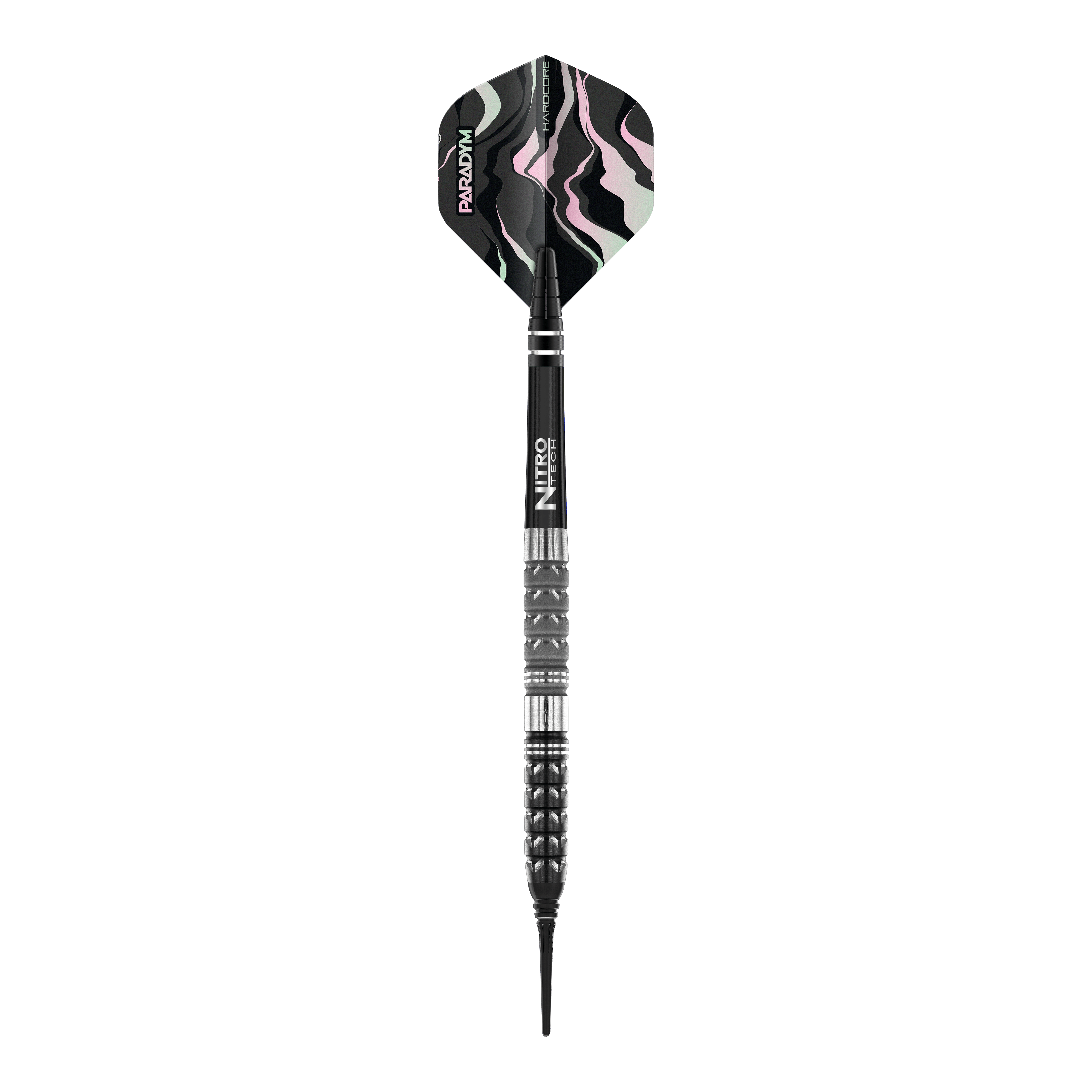 Freccette morbide coniche Red Dragon Paradym - 20 g Das Bild zeigt einen Red Dragon Paradym Tapered Softdart mit 20g Gewicht. Der Dart hat ein modernes, schwarzes Design mit Details in Silber und einem gemusterten Flight.