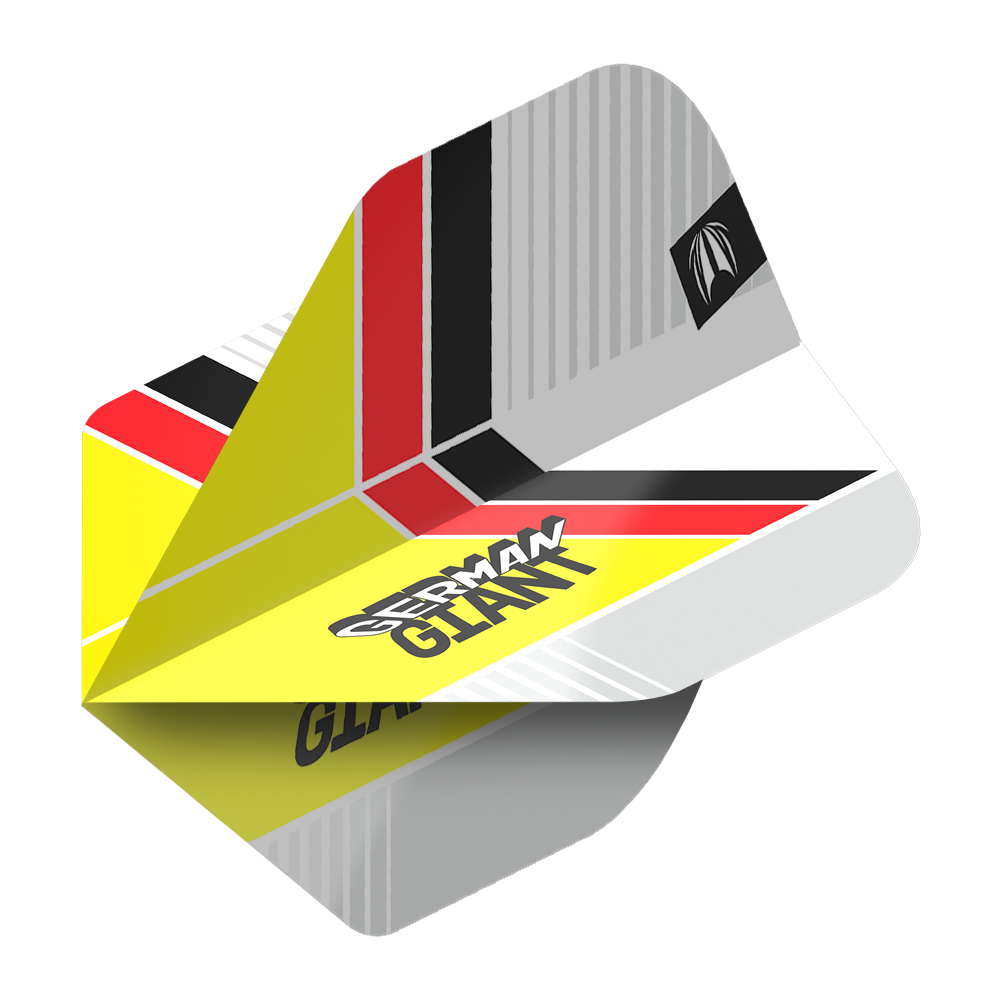 Target Pro Ultra Gabriel Clemens No2 Standard Flights - 3 Sets Das Bild zeigt einen Dartflight mit dem Design "German Giant" in gelb, schwarz, rot und weiß. Es handelt sich um das Produkt "Target Pro Ultra Gabriel Clemens No2 Standard Flights - 3 Sets".