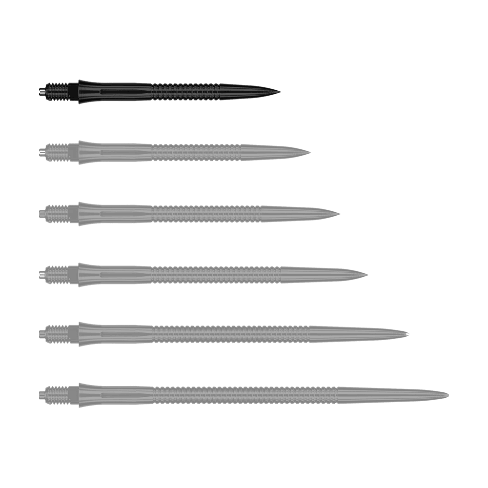 Punte per freccette Caliburn EZ-EVO - Scanalate - Nere Hier sieht man eine weitere EVO201 Caliburn EZ-EVO Dartspitze mit Rillen in Schwarz und einer Länge von 28 mm. Die Spitze ist speziell für Dartspieler geeignet.