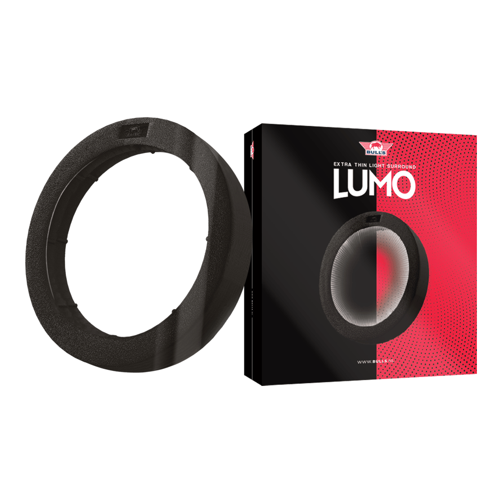 Sistema di illuminazione Bulls NL Lumo Light Surround Das Bild zeigt das Produkt "Bulls NL Lumo Light Surround Beleuchtungssystem". Links ist der Leuchtring selbst zu sehen, rechts die Verpackung mit Produktnamen und Design.