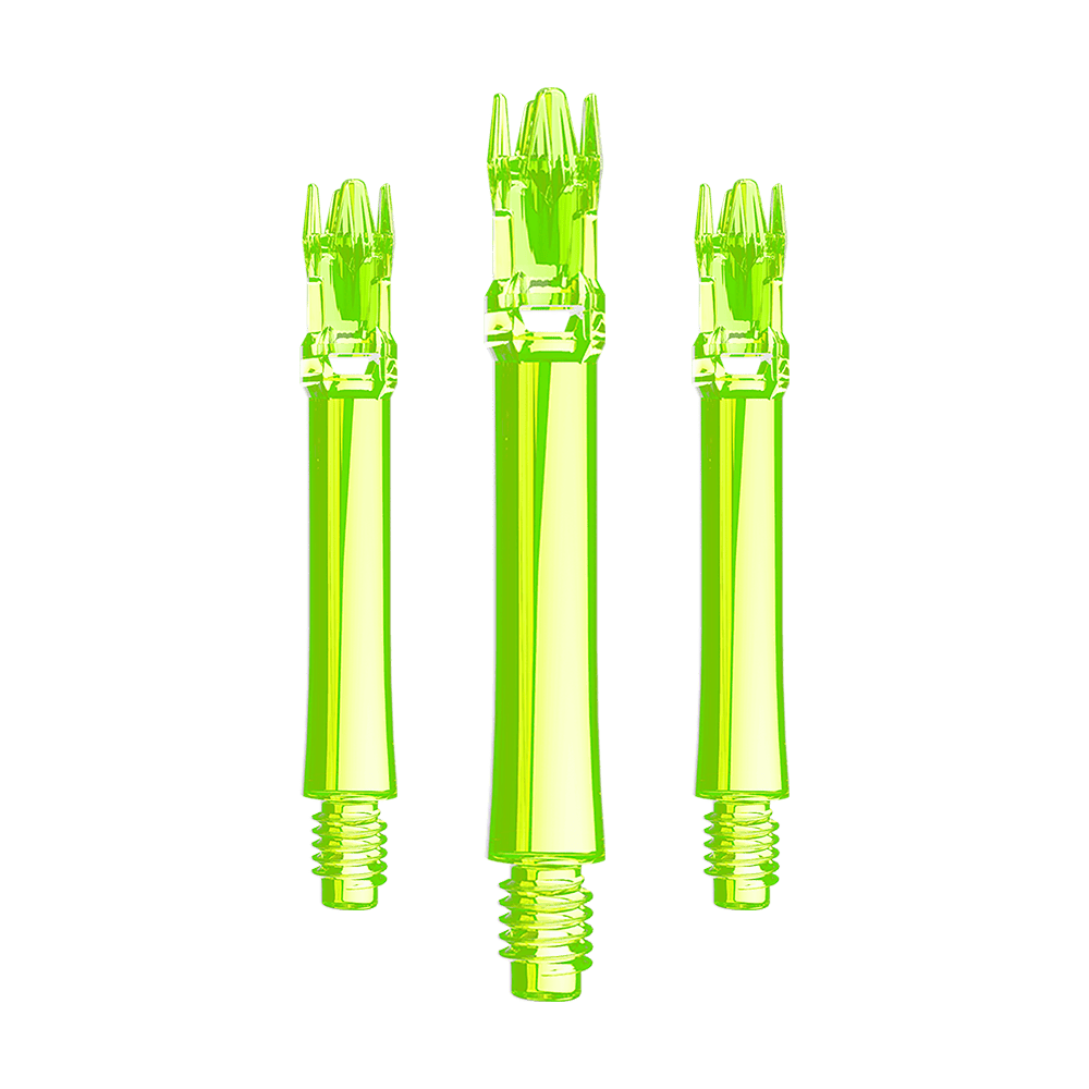 Alberi di ricambio L-Style L-System - Giallo neon Ein Set aus neongelben Ersatzshafts ist im Bild. Mehrere Shafts sind geordnet angeordnet.