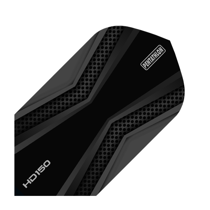 HD-37-HD150-Pentathlon-Grey-Black-Flights Dies ist ein HD 150 Pentathlon Flight in der Farbe Schwarz/Grau und in schlanker Form. Das Design zeigt schwarze und graue Linien mit einem modernen Muster.