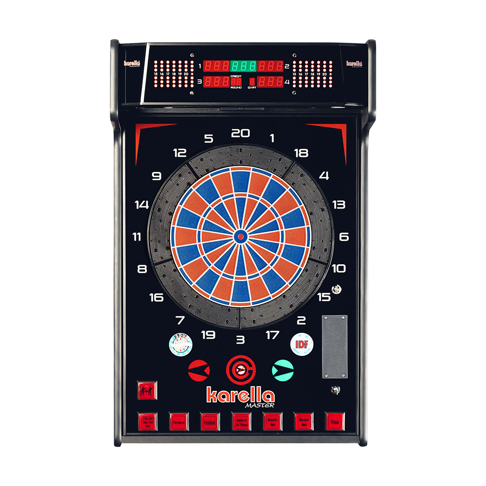 Karella_E-Master_Dartautomat_Wandmontage_Ohne_M-nzeinwurf_1 Das Bild zeigt den Karella E-MASTER Dartautomaten ohne Münzeinwurf. Die Dartscheibe ist elektronisch und hat ein digitales Anzeigefeld sowie mehrere Bedientasten.