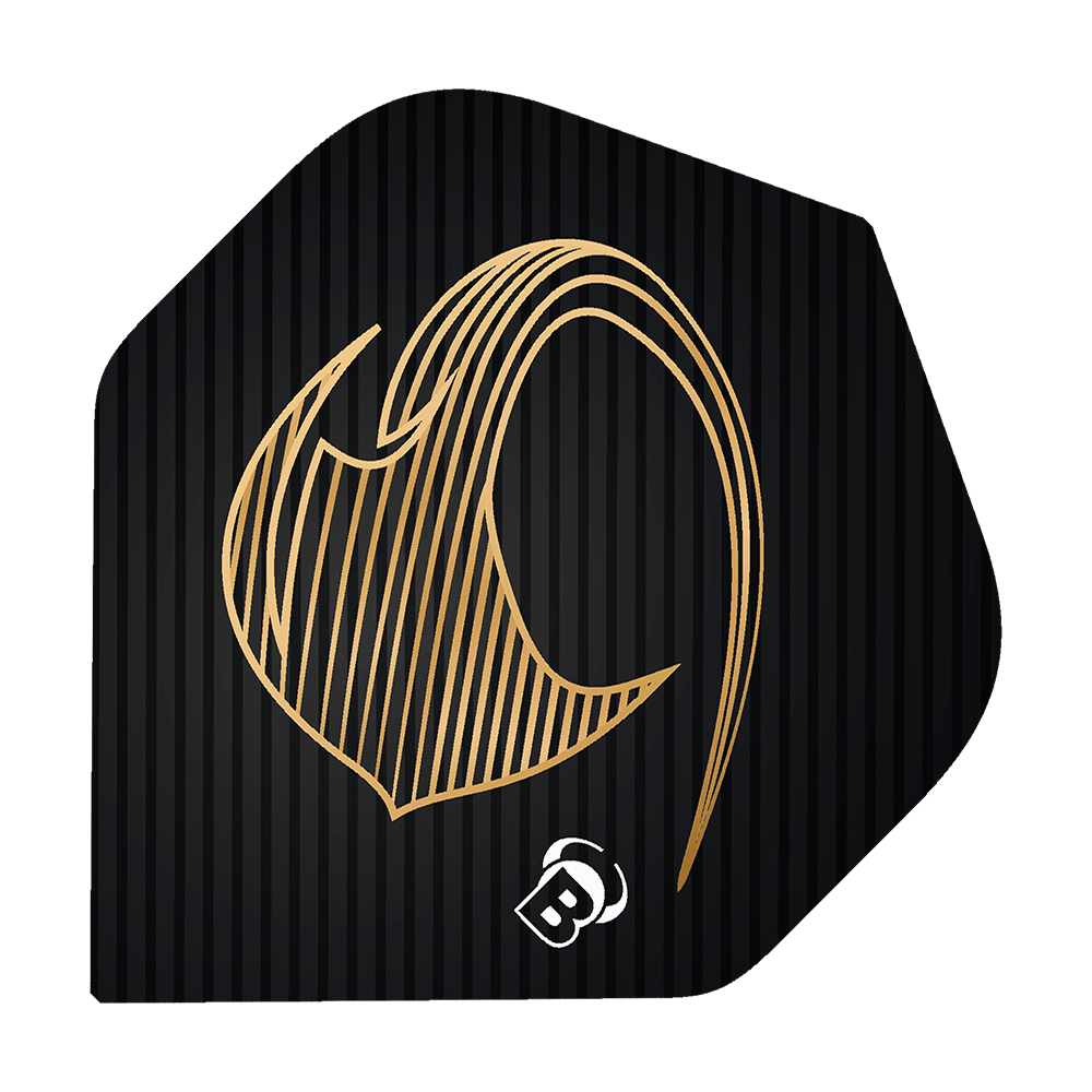 Bulls Metrixx Stingray No2 Voli Standard Das Bild zeigt ein schwarzes Dart Flight mit einem goldenen, stilisierten Stingray-Design. Unten ist ein kleines weißes "B" Logo abgebildet.