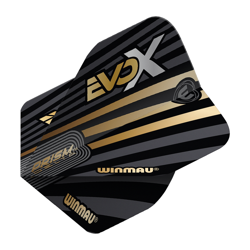 Voli standard Winmau Prism Delta MvG Evo-X No2 Das Bild zeigt die Winmau Prism Delta MvG Evo-X No2 Standard Flights. Die Flights sind schwarz-gold gestaltet und mit den Aufschriften "EVO X", "WINMAU" und "PRISM DELTA" versehen.