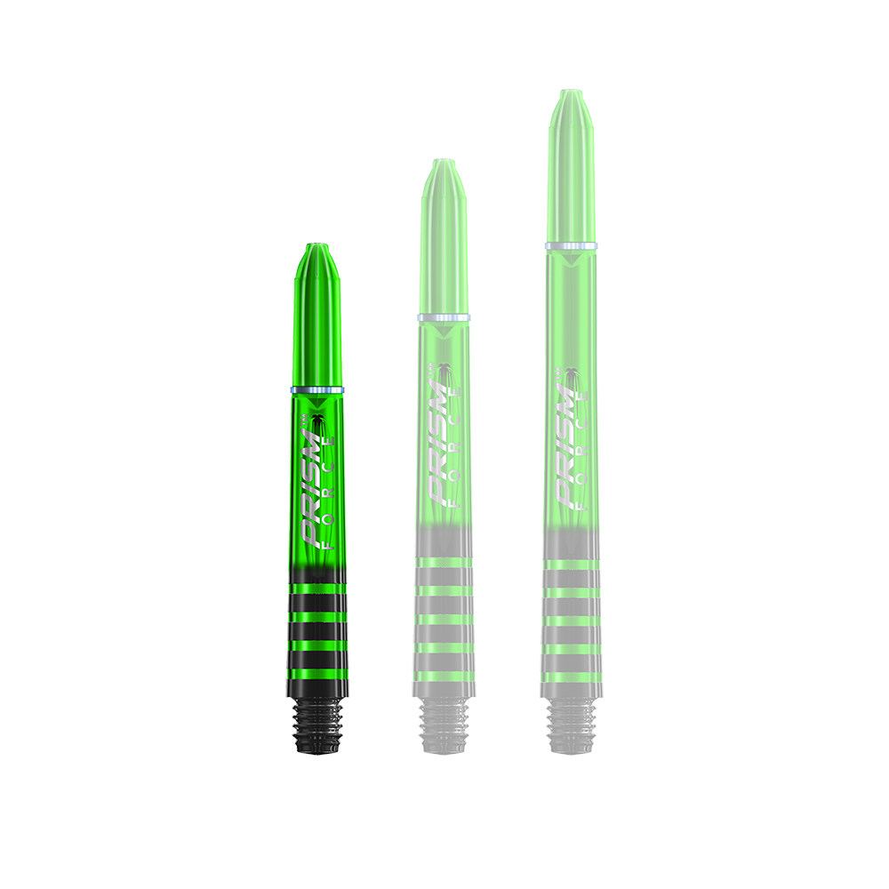7020-105_Winmau_Prism_Force_Shafts_Gr-n_35mm_1m88EFefNJjuRf Das Bild zeigt drei grüne Dartschäfte in unterschiedlichen Längen. Sie haben schwarze Streifen und den Schriftzug "PRISM FORCE" aufgedruckt.