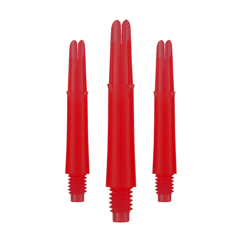 Alberi a L bloccati dritti - Rosso Auf dem Bild sind drei rote, gerade Dartschäfte zu sehen. Sie haben ein Schraubgewinde am unteren Ende und sind jeweils 32 mm lang.