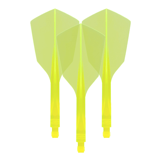 Condor Ax 120 Flight System Neon Yellow - Stretto Das Bild zeigt drei neon-gelbe Dartflights mit schmaler Form. Es handelt sich um das Produkt „Condor Axe 120 Flight-System Neon Yellow - Narrow“.