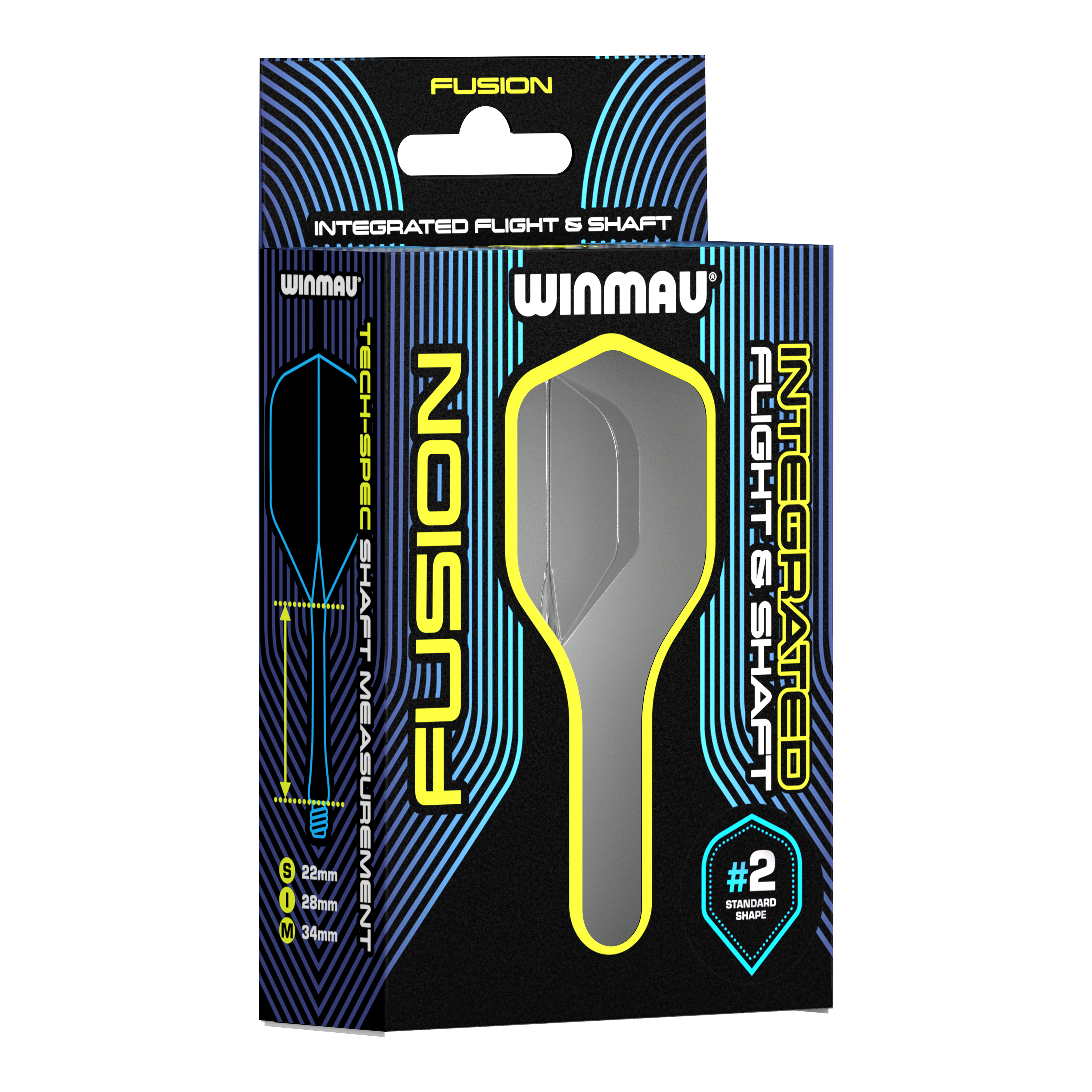 Sistema di alberi di volo a fusione Winmau Standard Smokey Auf dem Bild ist eine Verpackung des Winmau Fusion Integrated Flight & Shaft Systems zu sehen. Das Produkt hat die Größe 22 mm und ist in der Farbe "Smokey" erhältlich.
