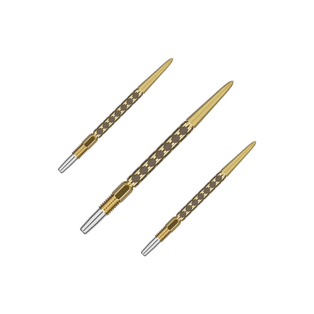 Punte per freccette Target Swiss FLT Point - Oro Mehrere kurze goldene Dartspitzen sind als Set nebeneinander angeordnet. Die Spitzen verlaufen parallel.