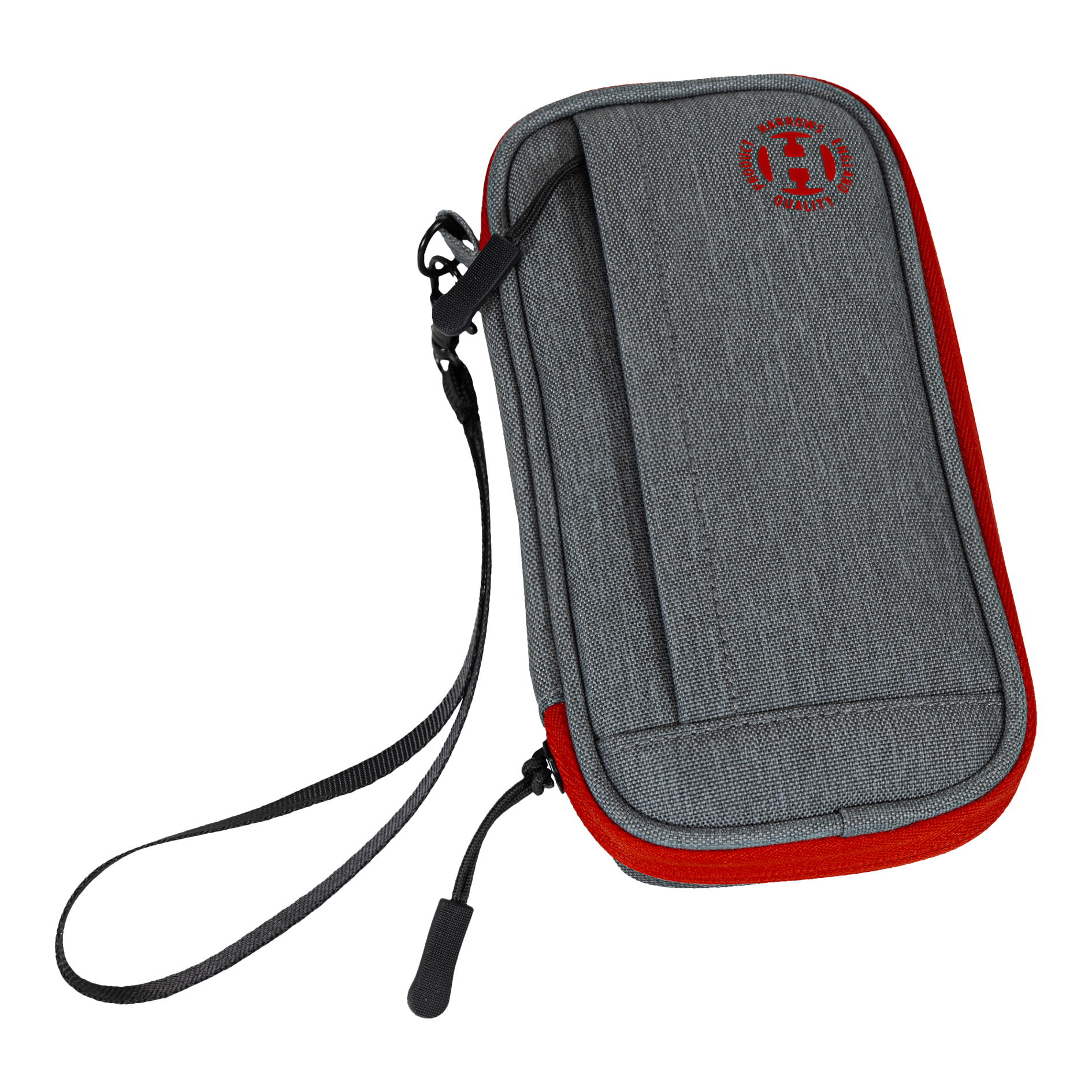 Portafoglio Smart Case Harrows Das Bild zeigt ein graues Dart-Etui mit roten Akzenten und einer schwarzen Handschlaufe. Auf der Vorderseite befindet sich ein rundes Logo in Rot.