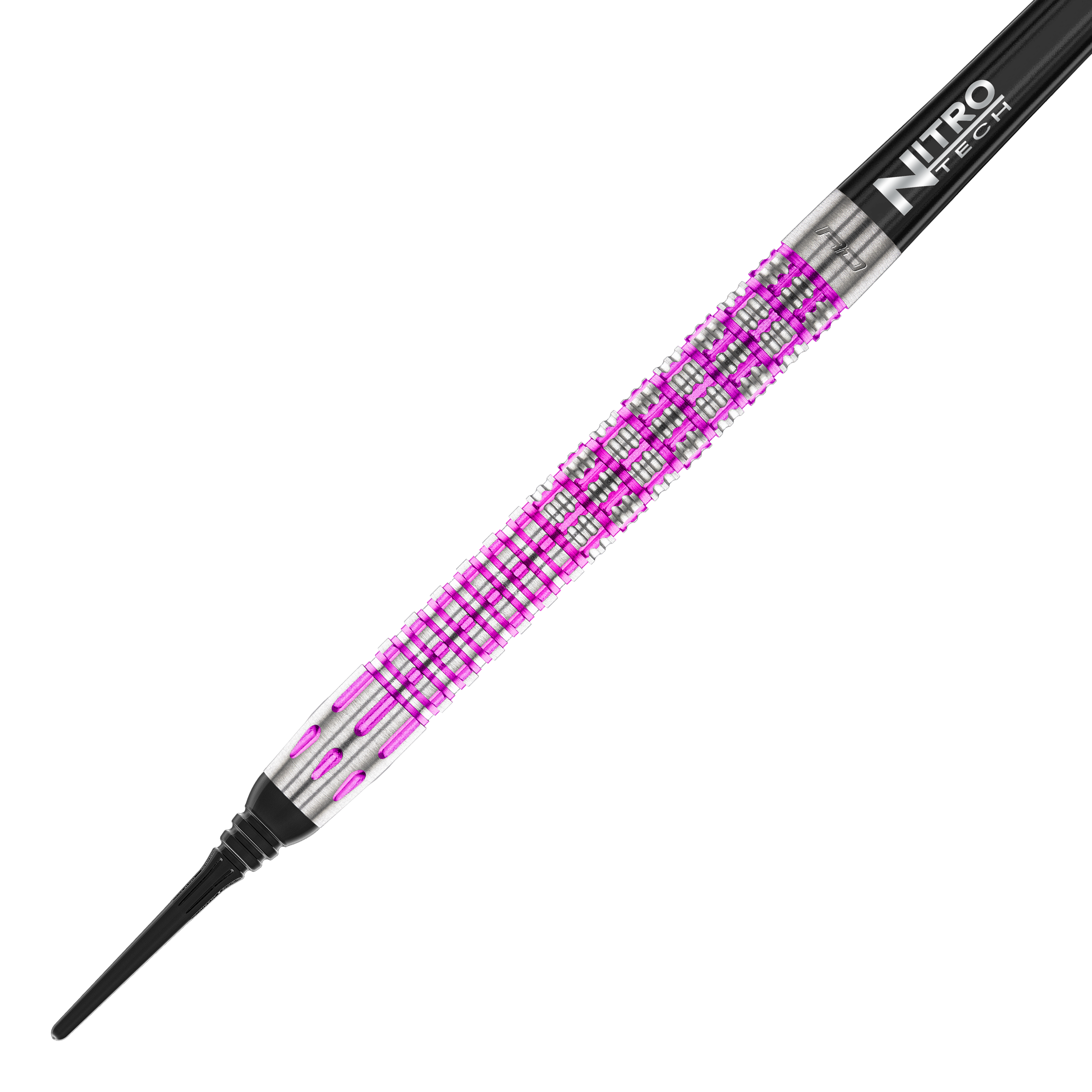 Freccette morbide Red Dragon Tyrian - 22 g Das Bild zeigt einen Red Dragon Tyrian Softdart mit einem Gewicht von 22g. Der Dart hat ein auffälliges Muster in Silber und Pink am Griff.