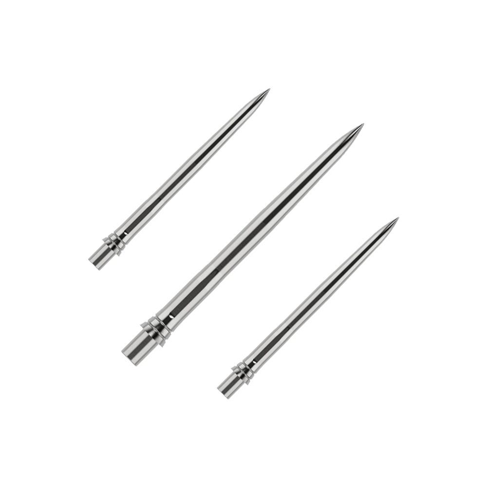 Punte per freccette Caliburn EVO - Lisce - Argento Das Bild zeigt silberne Dartspitzen mit einer glatten Oberfläche, wahrscheinlich aus Metall. Die Dartspitzen sind 28mm lang und werden als Set präsentiert.