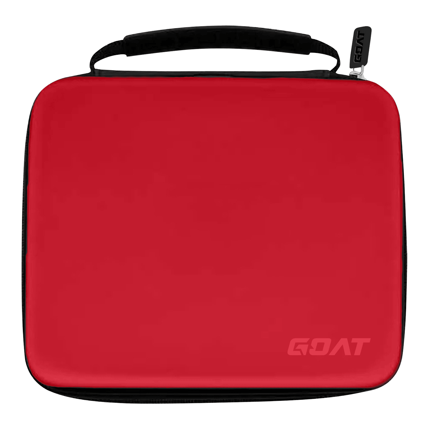 Portafoglio per freccette GOAT Locker XXL Das Bild zeigt ein rotes Etui mit schwarzem Griff und Reißverschluss. In der unteren rechten Ecke steht das Wort „GOAT“.
