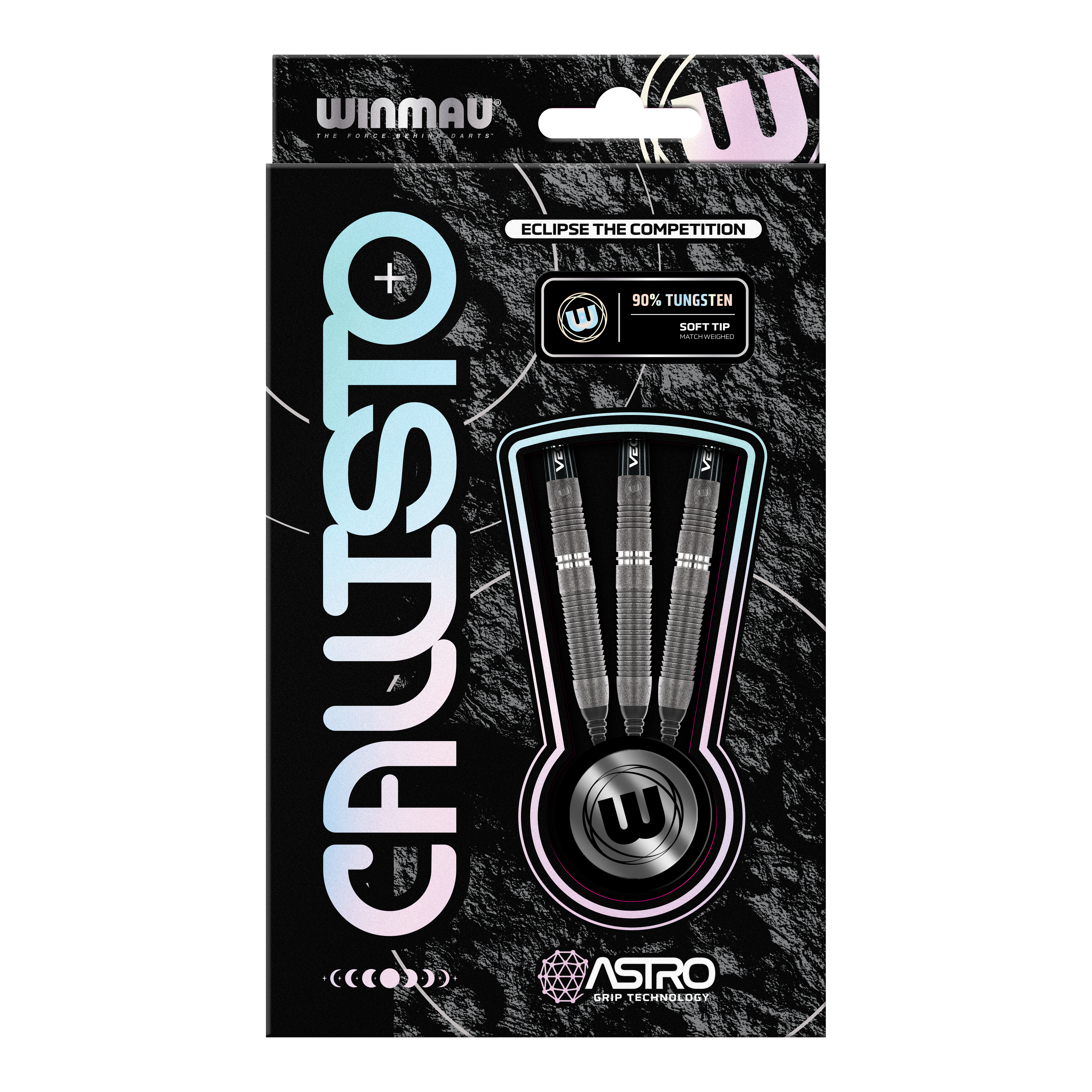 Freccette morbide Winmau Callisto 03 - 20 g Die Abbildung zeigt die Verpackung der Winmau Callisto 03 Softdarts mit einem Gewicht von 20 g. In der Schachtel sind drei schwarze Darts mit 90 % Tungsten und Softtip sichtbar.
