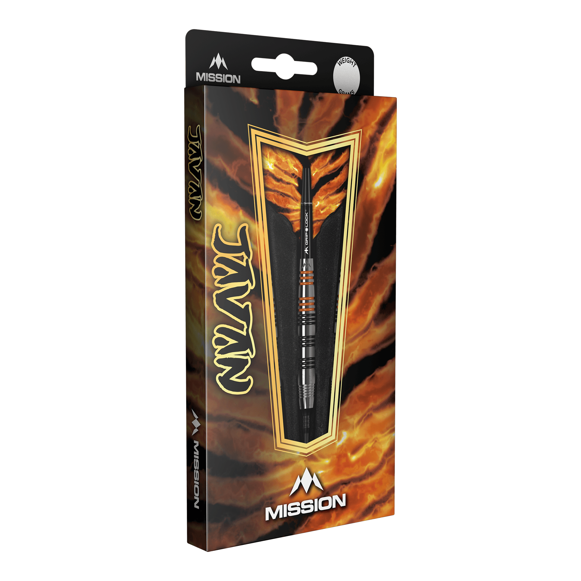 Freccette morbide Mission Javan Brass - 18 g Die Abbildung zeigt die Verpackung der "Mission Javan Brass Softdarts - 18g". Die Verpackung ist auffällig gestaltet und zeigt einen einzelnen Dartpfeil durch ein Sichtfenster.