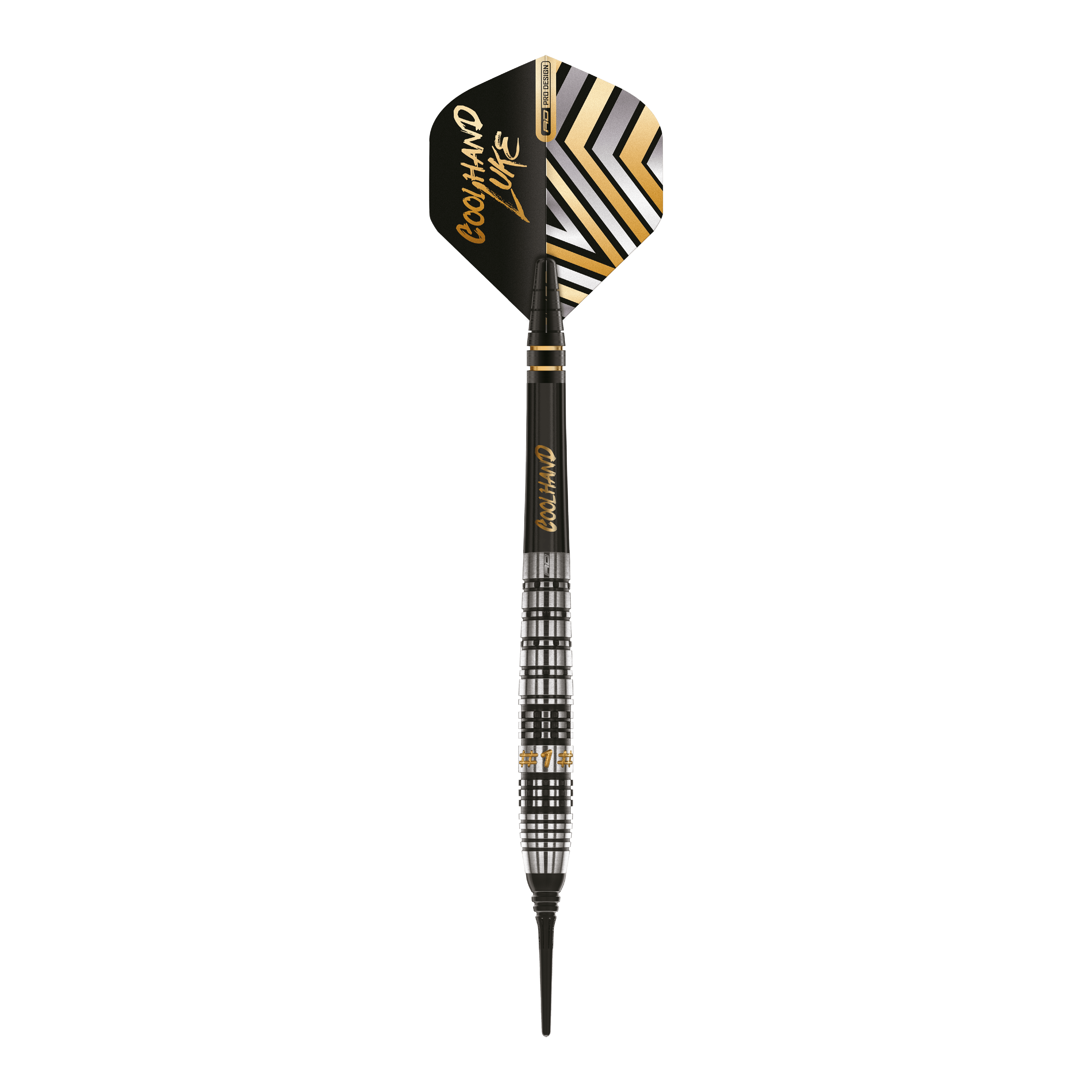Das Bild zeigt einen Red Dragon Luke Humphries Prestige Softdart mit einem Gewicht von 20g. Der Dart hat ein modernes schwarzes und silbernes Design mit goldenen Akzenten und der Aufschrift "COOL HAND LUKE" auf dem Flight.