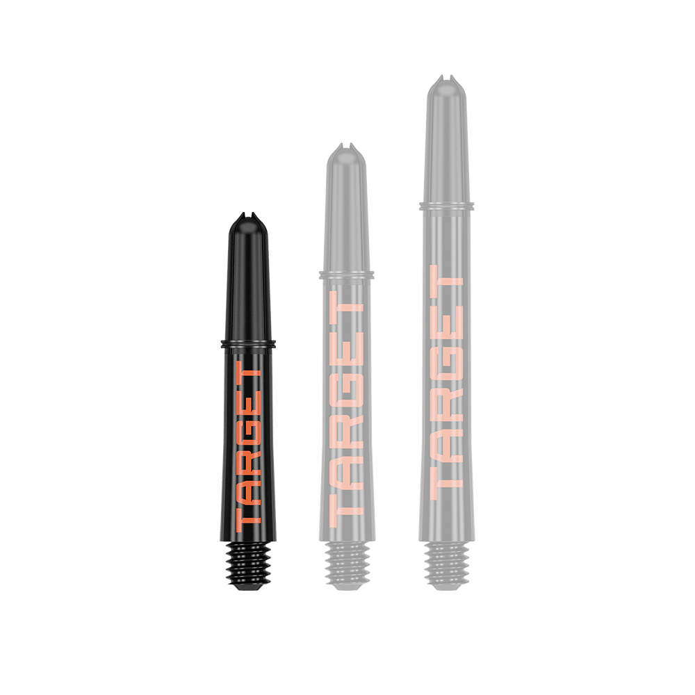 Aste Target Pro Grip TAG - 3 set - Nero Arancione Auf dem Bild sind drei schwarze Dartschäfte in unterschiedlichen Längen zu sehen. Auf jedem Schaft steht in orangefarbener Schrift das Wort "TARGET".