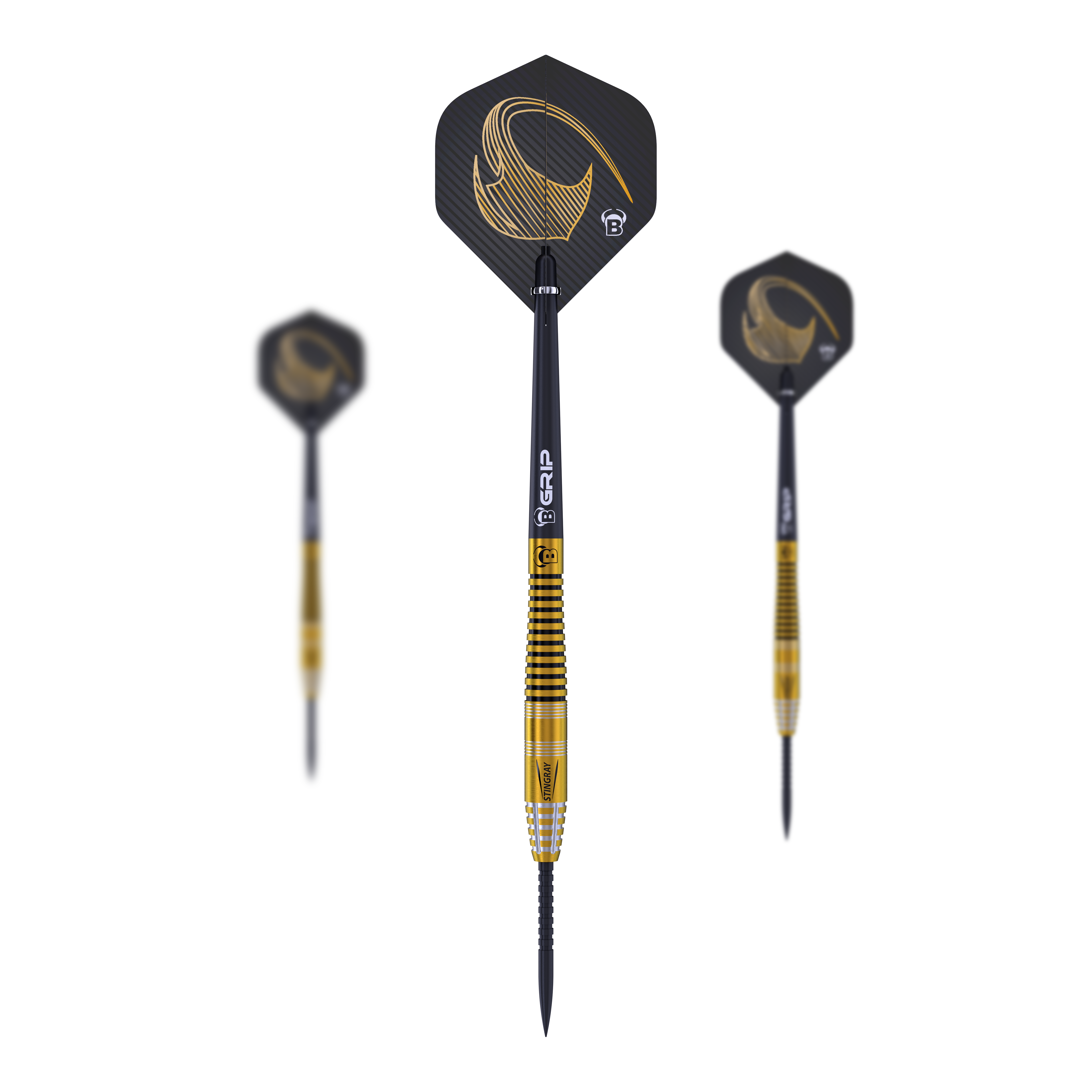 Freccette in acciaio Bulls Stingray ST3 Das Bild zeigt drei Steeldarts des Modells "Bulls Stingray ST3". Die Darts haben ein schwarzes und goldenes Design mit geriffeltem Griffbereich.