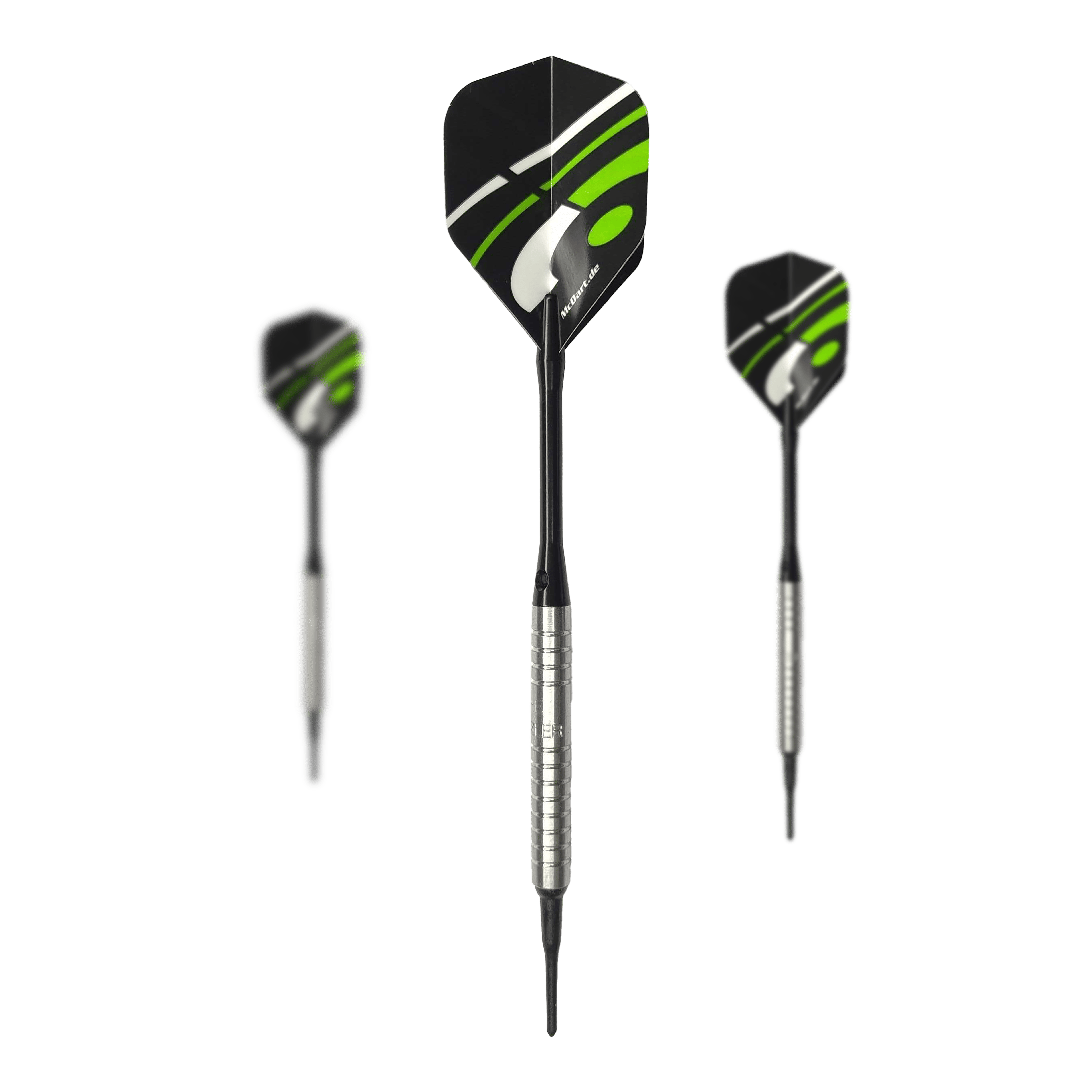 Freccette morbide McDart 85 Tungsten V16 - 16,5 g Mehrere McDart 85er Tungsten V16 Softdarts - 16,5g sind als Set dargestellt. Die Details sind klar zu erkennen.