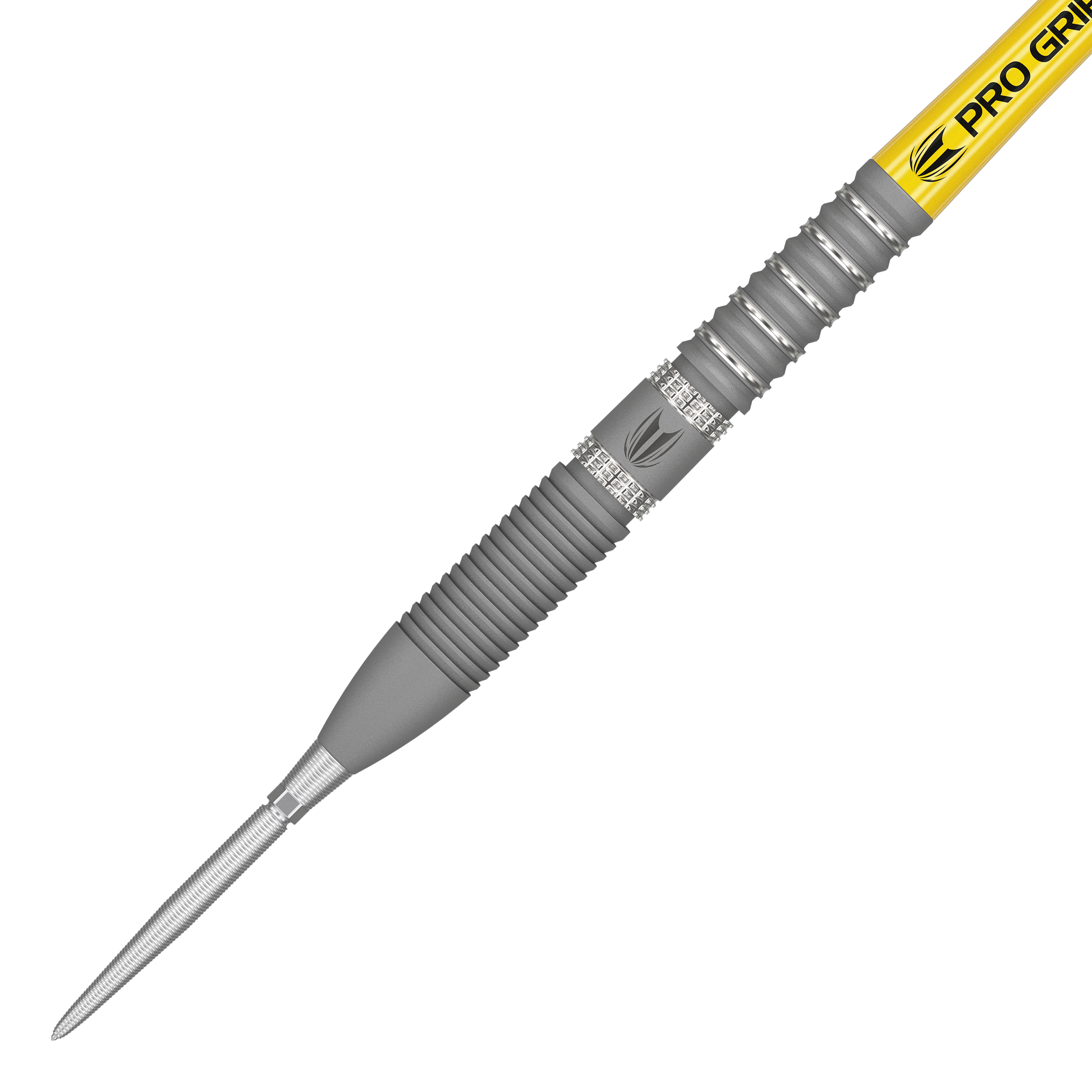 Freccette in acciaio Target Gabriel Clemens GEN2 Swiss Point Das Bild zeigt den Target Gabriel Clemens GEN2 Swiss Point Steeldart. Der Dartpfeil hat eine silberne Spitze, einen geriffelten Griffbereich und einen gelben Schaft mit der Aufschrift „PRO GRIP“.
