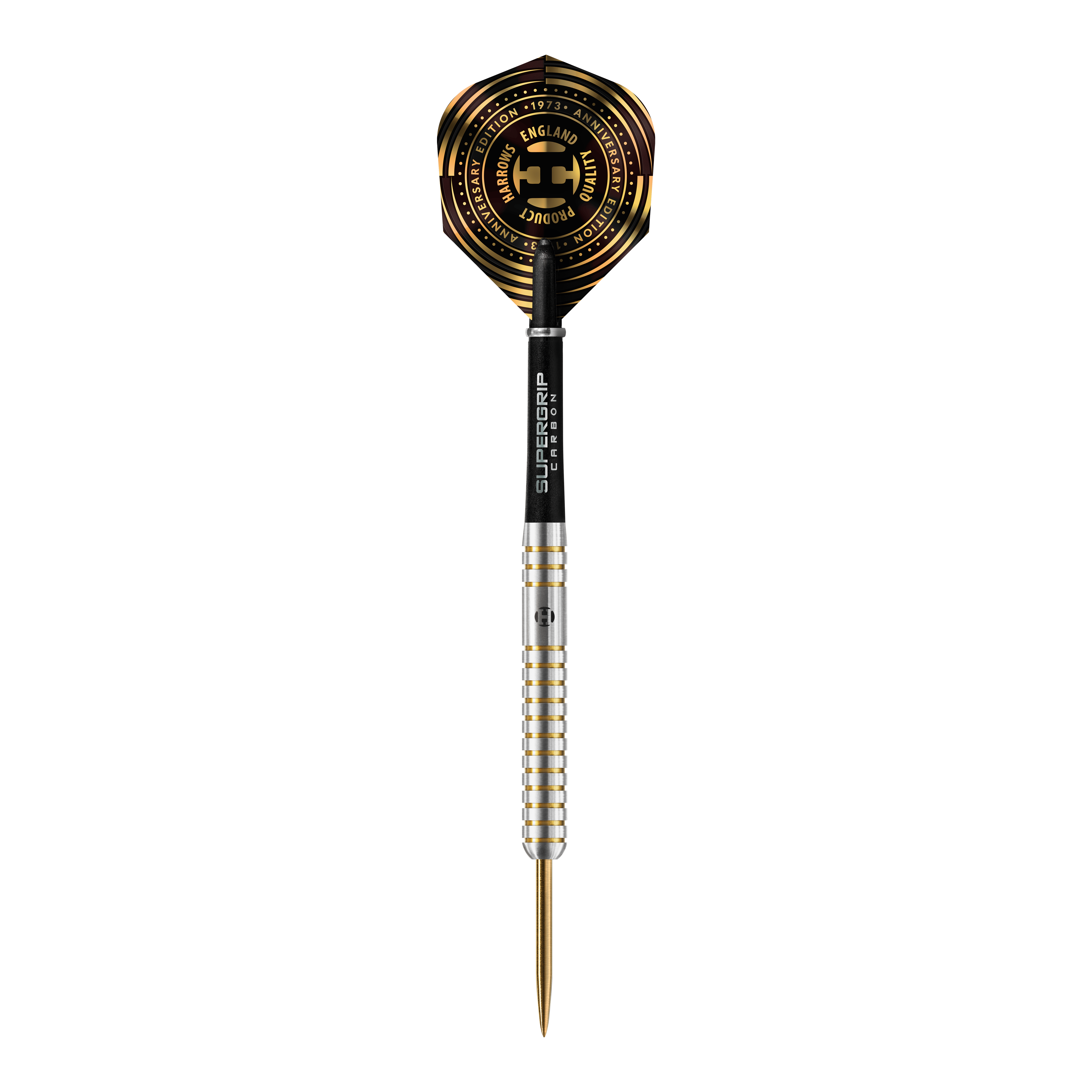 Harrows Anniversary Edition L'originale Steeldarts Das Bild zeigt einen Harrows Anniversary Edition The Original Steeldart mit silbernem Schaft und goldenen Akzenten. Das Dartflight ist schwarz-gold gestaltet und trägt einen Jubiläumsaufdruck.